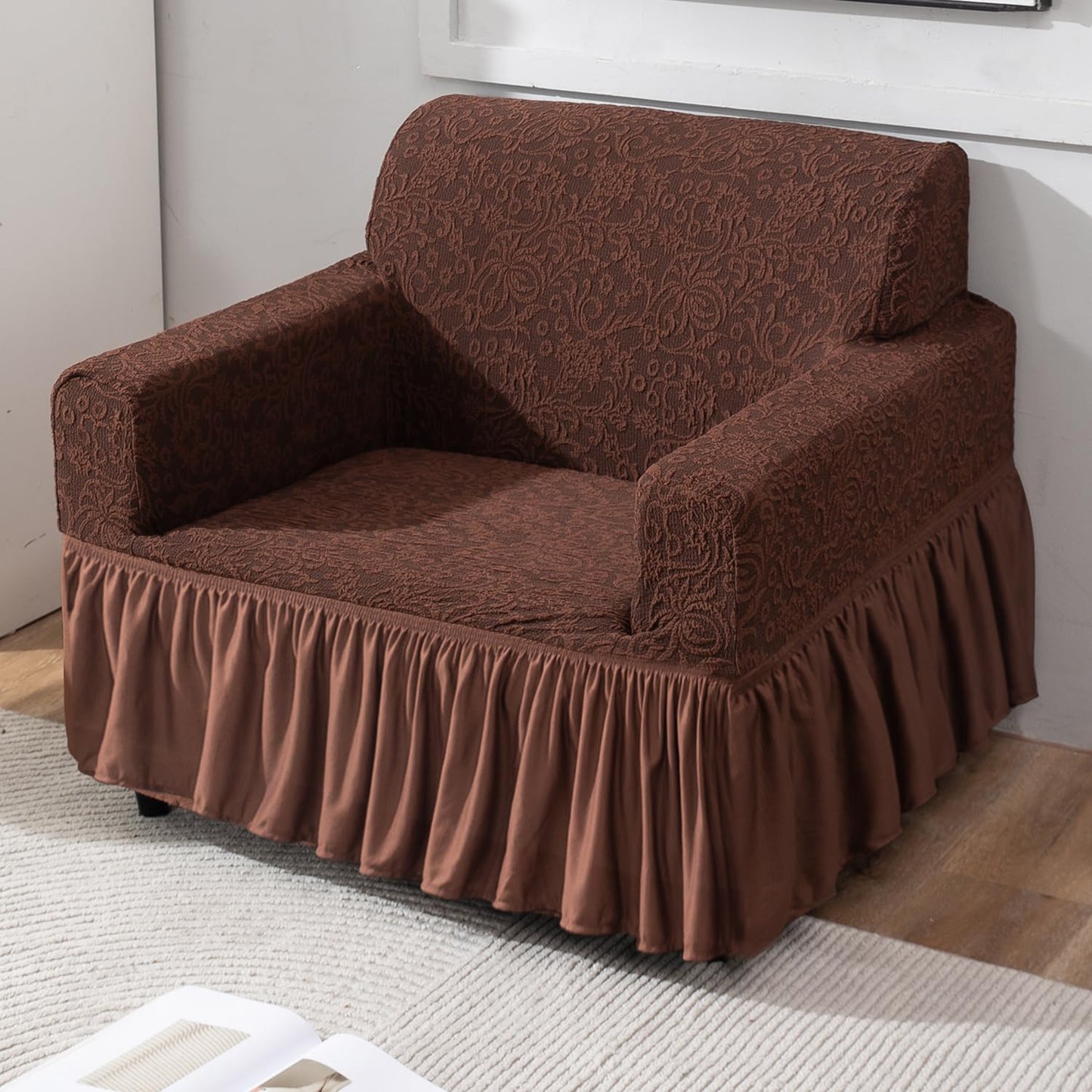 Elastic Stretchable Designer Woven Jacquard Sofa Cover with Frill , Pecan Brown