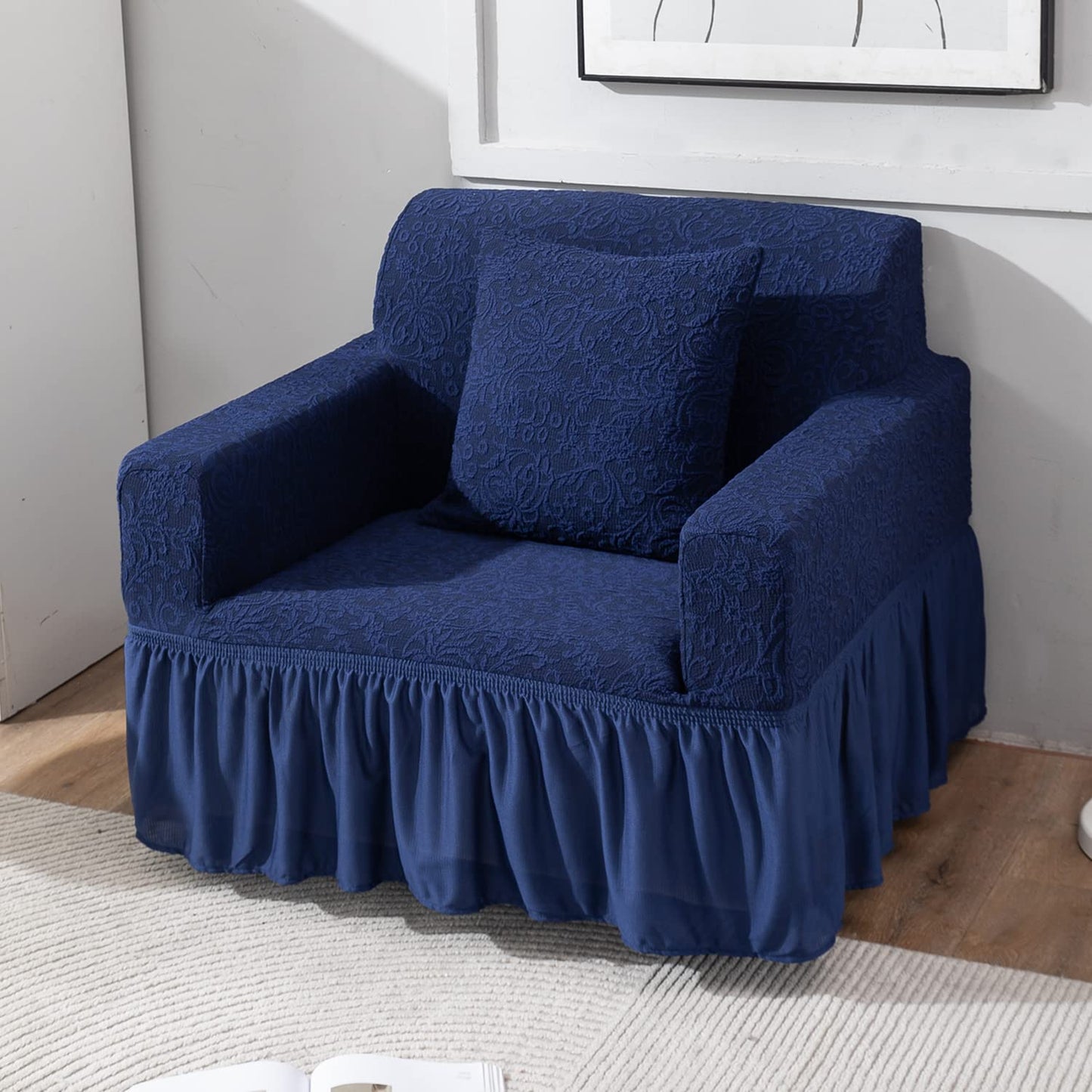 Elastic Stretchable Designer Woven Jacquard Sofa Cover with Frill, Navy Blue