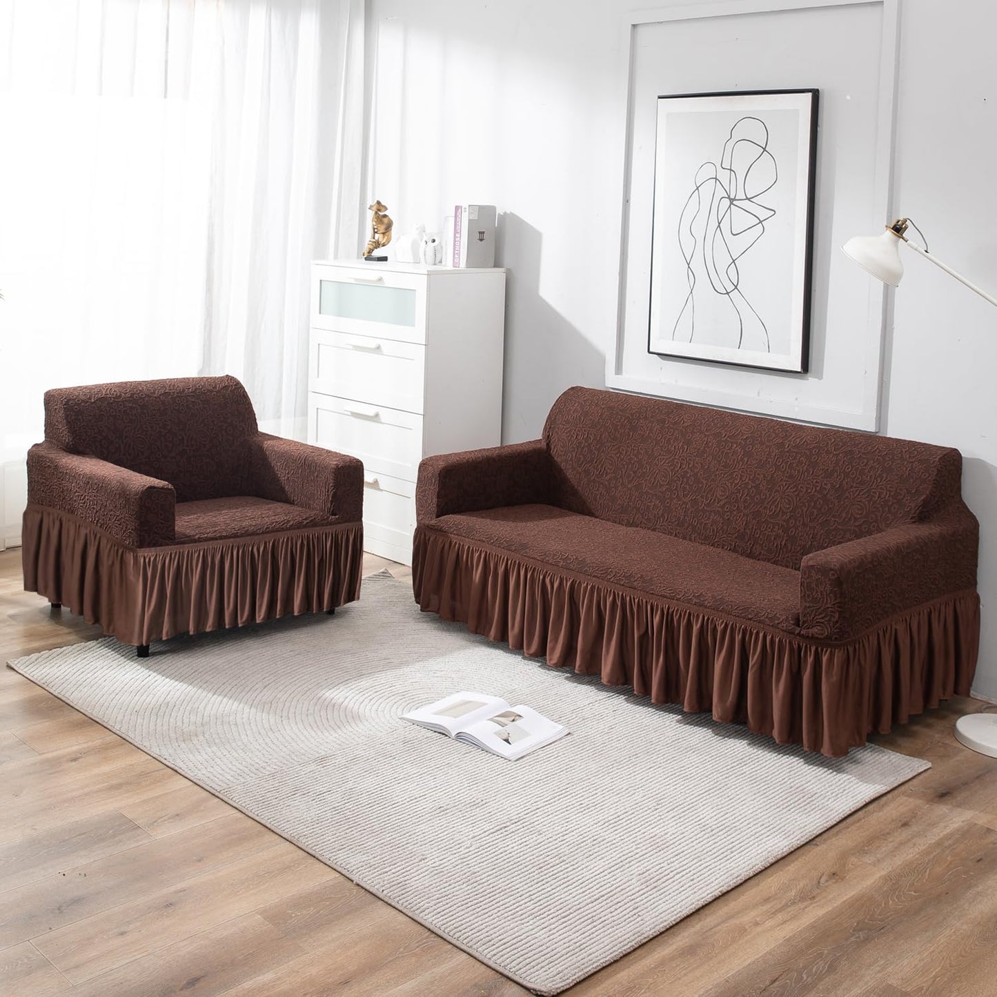 Elastic Stretchable Designer Woven Jacquard Sofa Cover with Frill , Pecan Brown