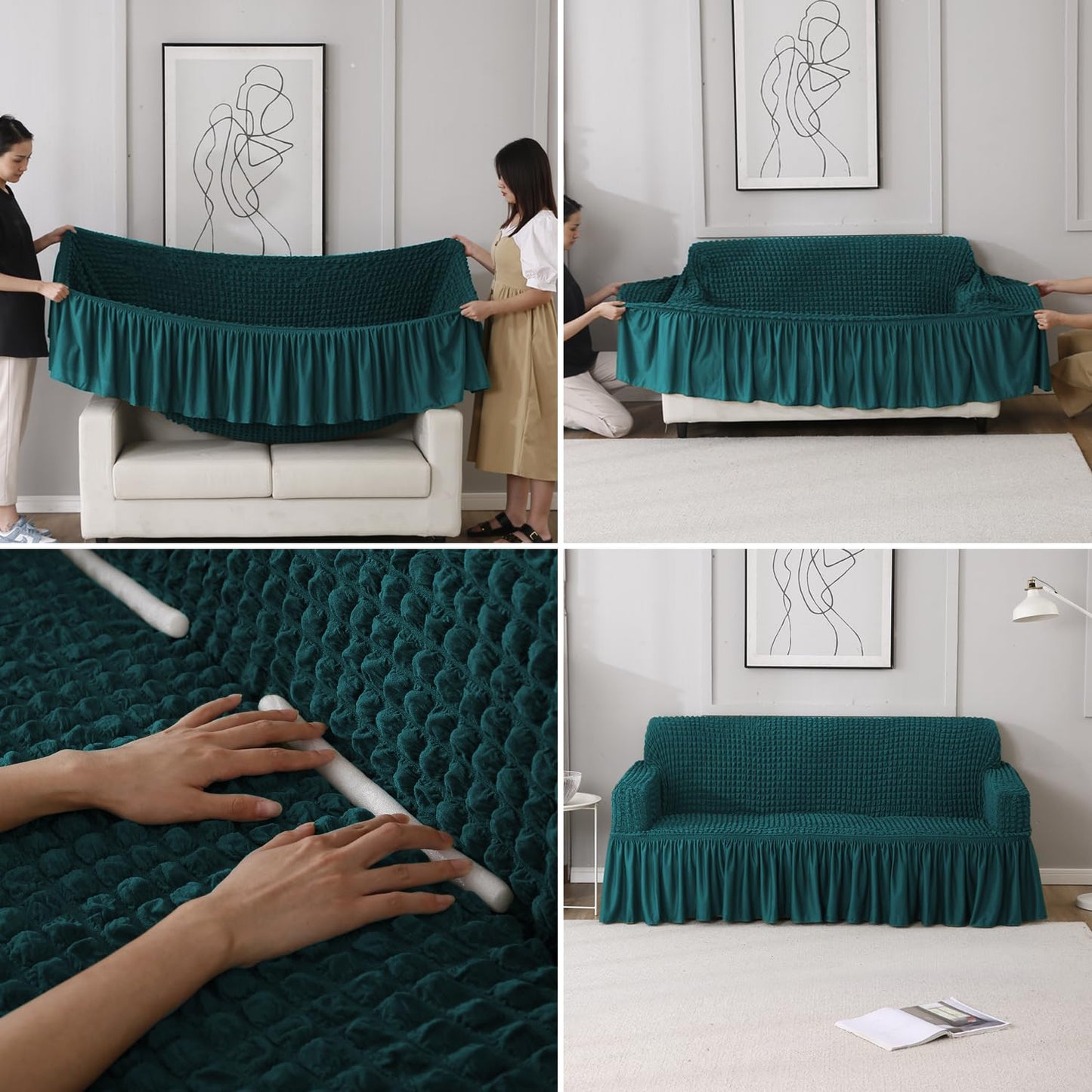 Elastic Stretchable Bubble Sofa Cover with Frill, Teal
