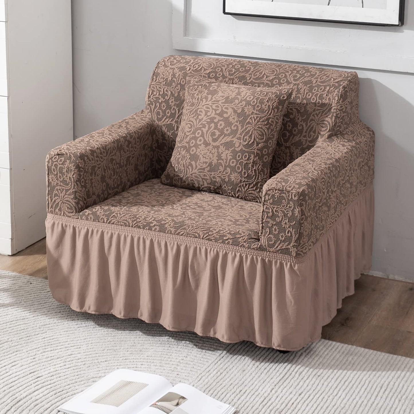 Elastic Stretchable Designer Woven Jacquard Sofa Cover with Frill, Light Taupe