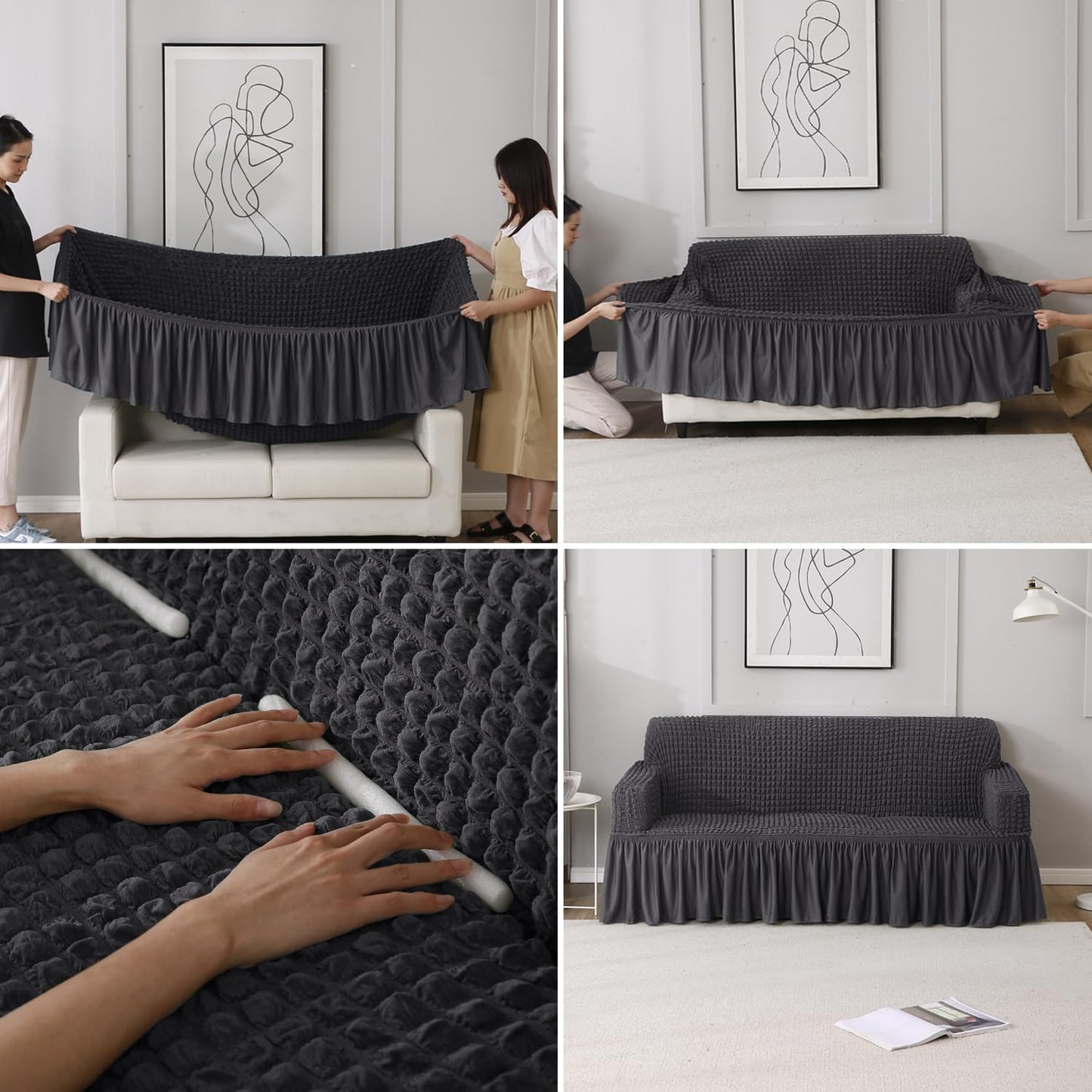 Elastic Stretchable Bubble Sofa Cover with Frill, Anchor Grey