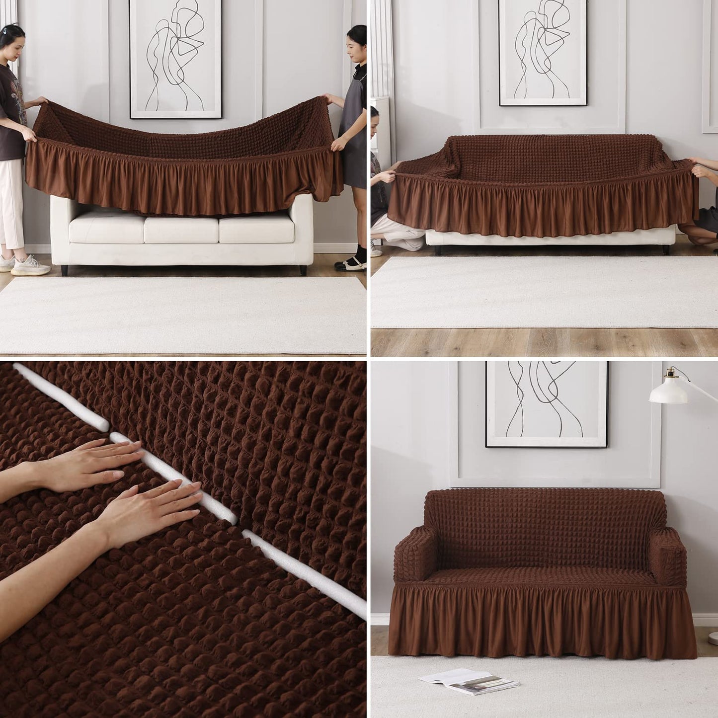 Elastic Stretchable 280 GSM Bubble Sofa Cover with Frill, Dark Brown