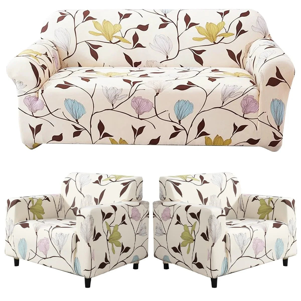 Sofa Cover-Flooral Beige- Luxury Quality Strechable & Dust-proof Sofa Cover