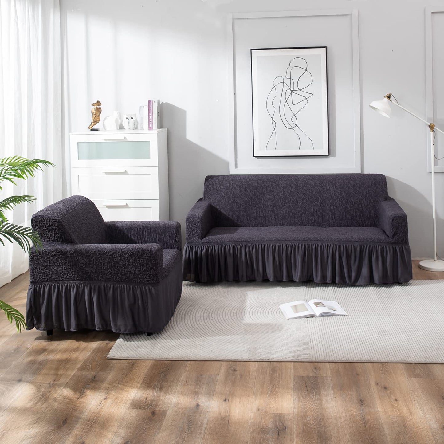 Elastic Stretchable Designer Woven Jacquard Sofa Cover with Frill, Abbey Grey