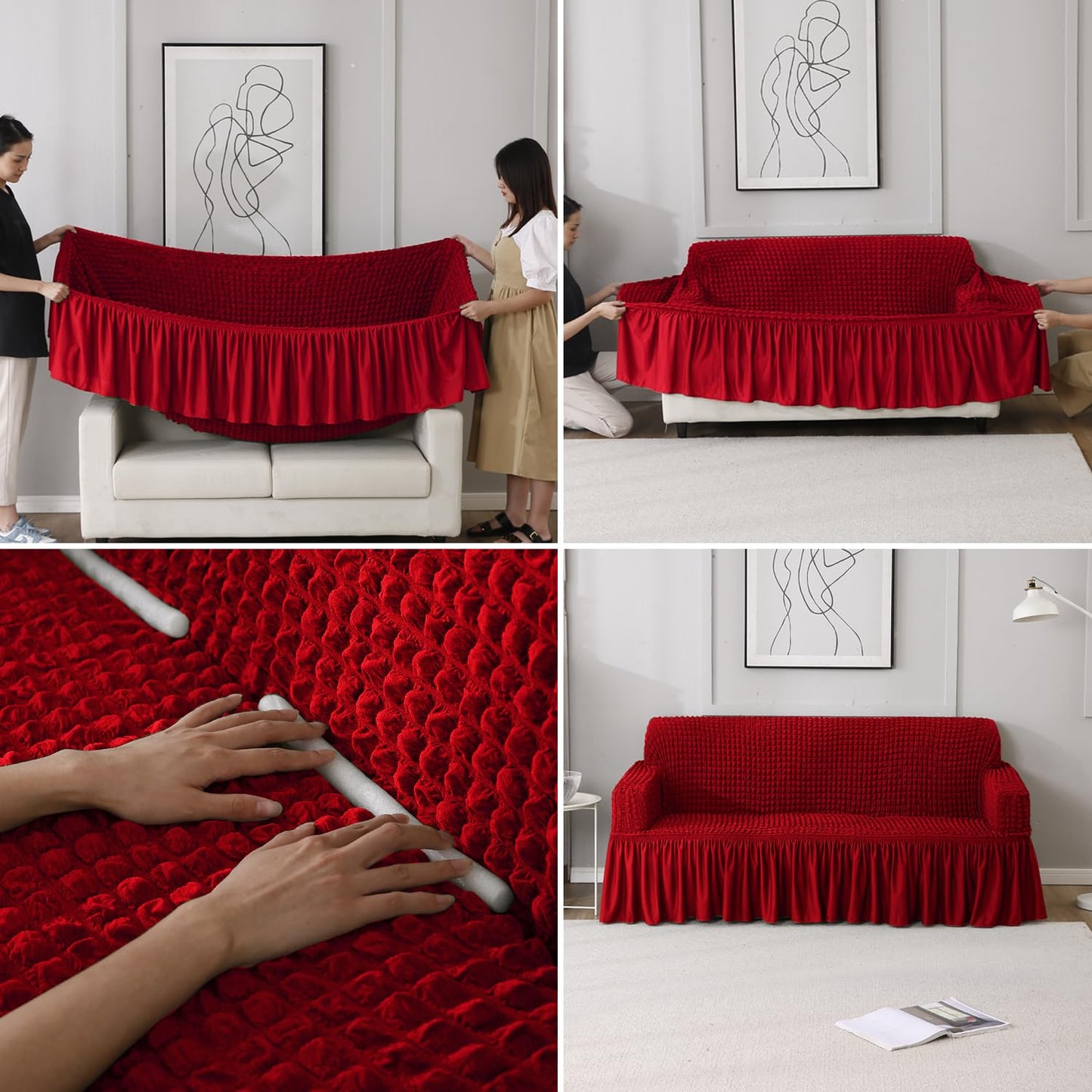 Elastic Stretchable Bubble Sofa Cover with Frill, Scarlet Red