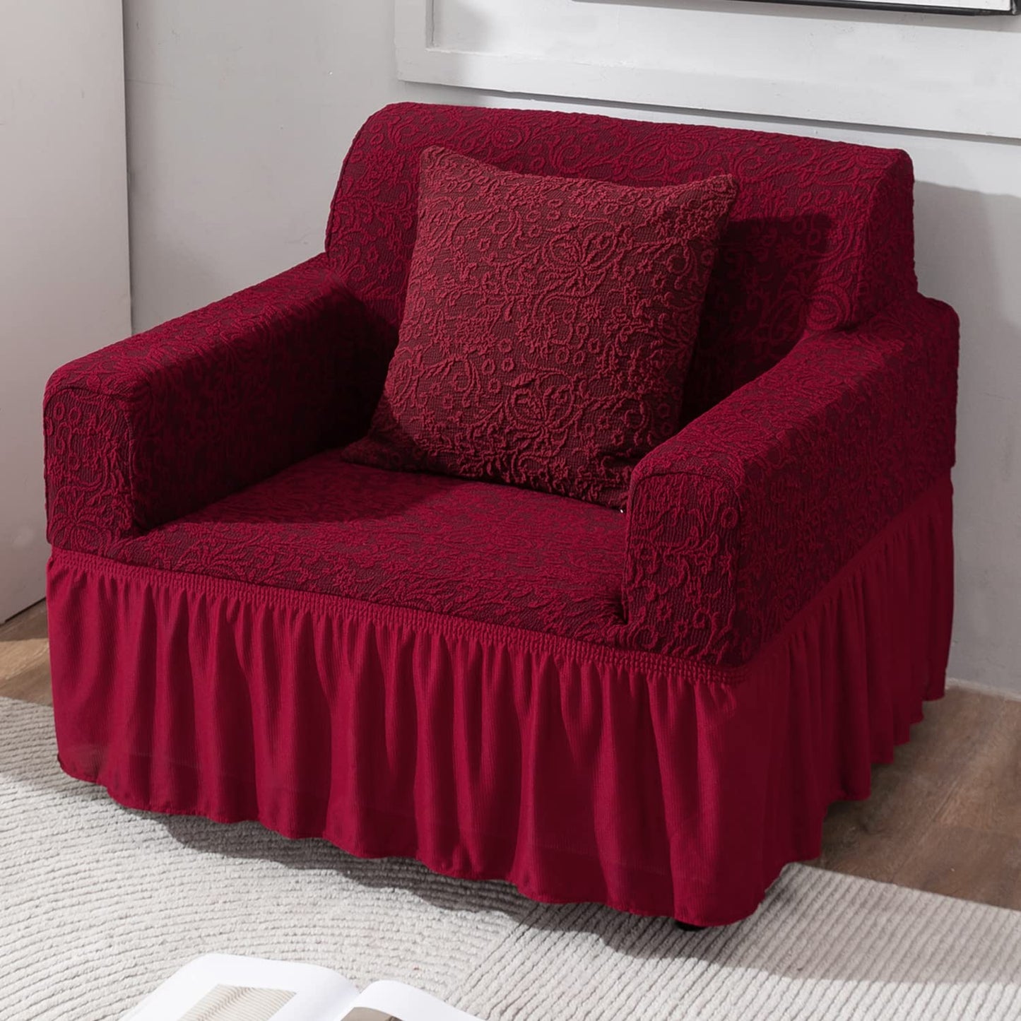 Elastic Stretchable Designer Woven Jacquard Sofa Cover with Frill, Wine Red