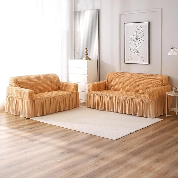 Elastic Stretchable 280 GSM Bubble Sofa Cover with Frill, Light Brown