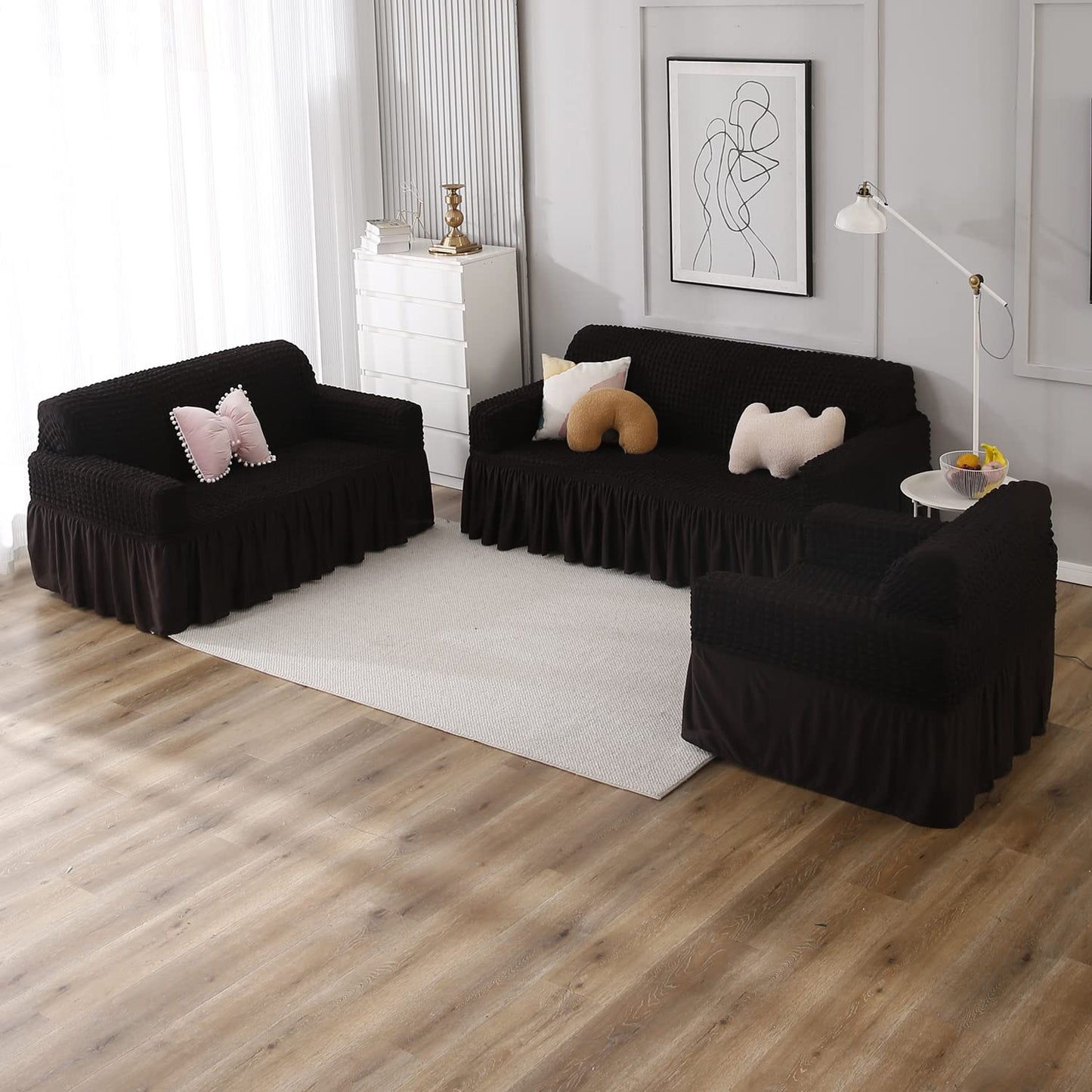 Elastic Stretchable Turkish 280 GSM Bubble Sofa Cover with Frill, Dark Chocolate