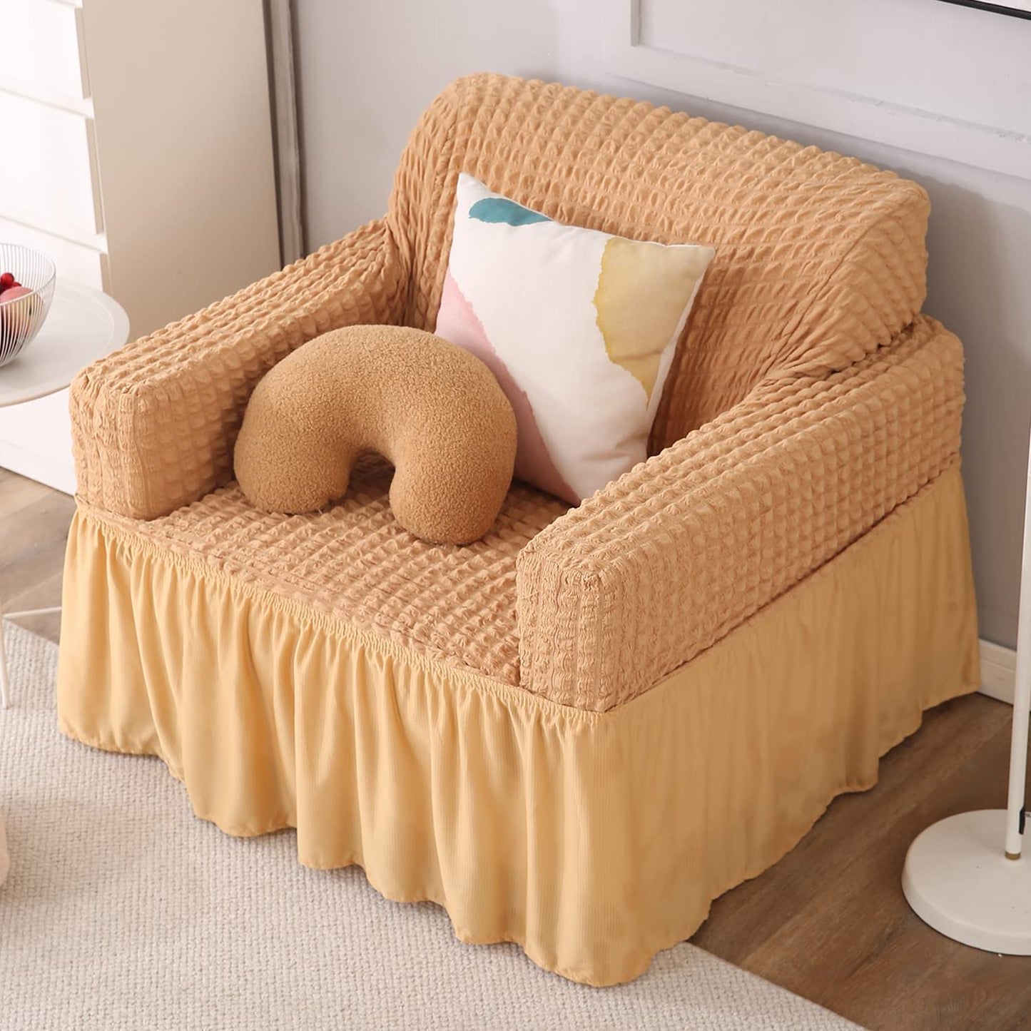 Elastic Stretchable 280 GSM Bubble Sofa Cover with Frill, Light Brown