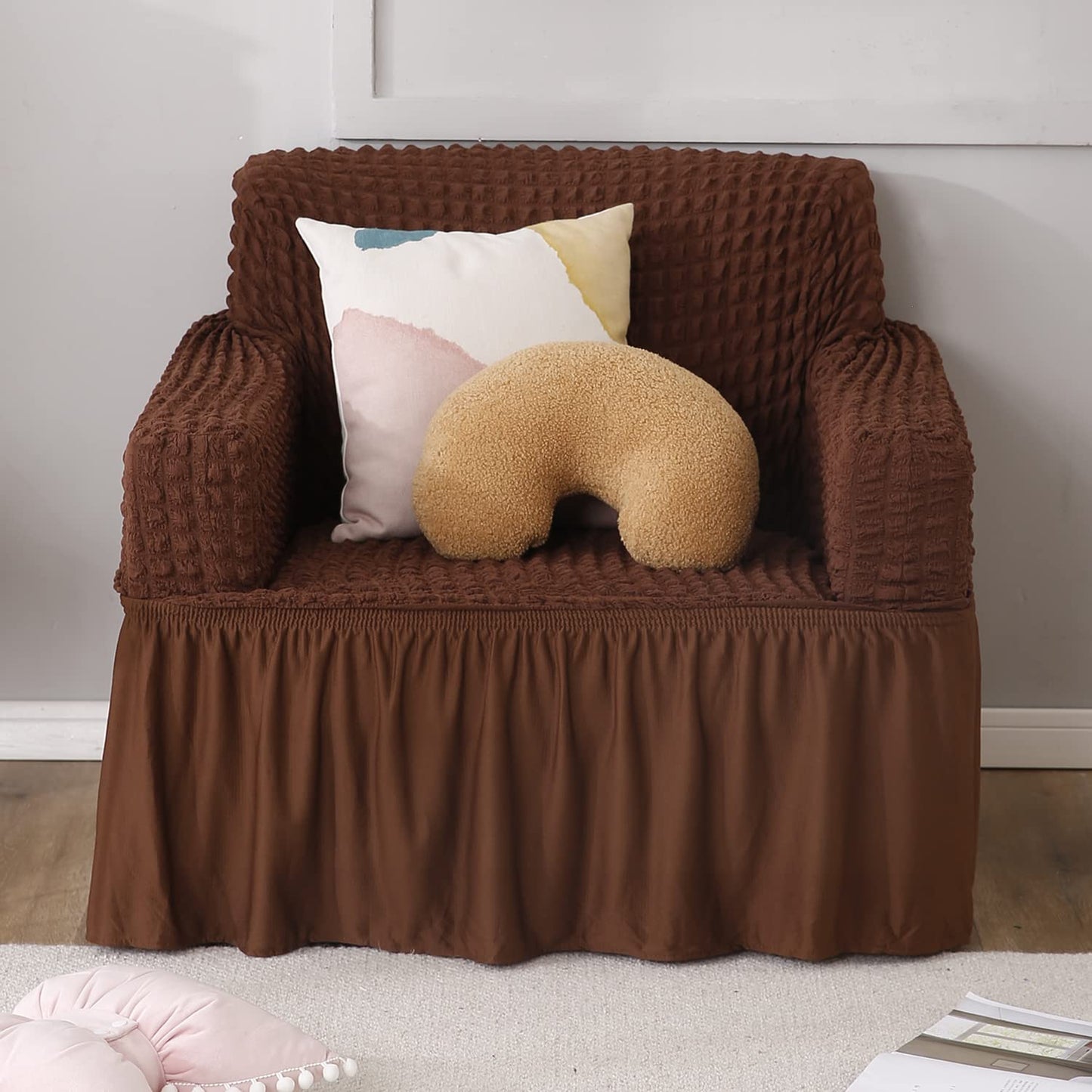 Elastic Stretchable 280 GSM Bubble Sofa Cover with Frill, Dark Brown