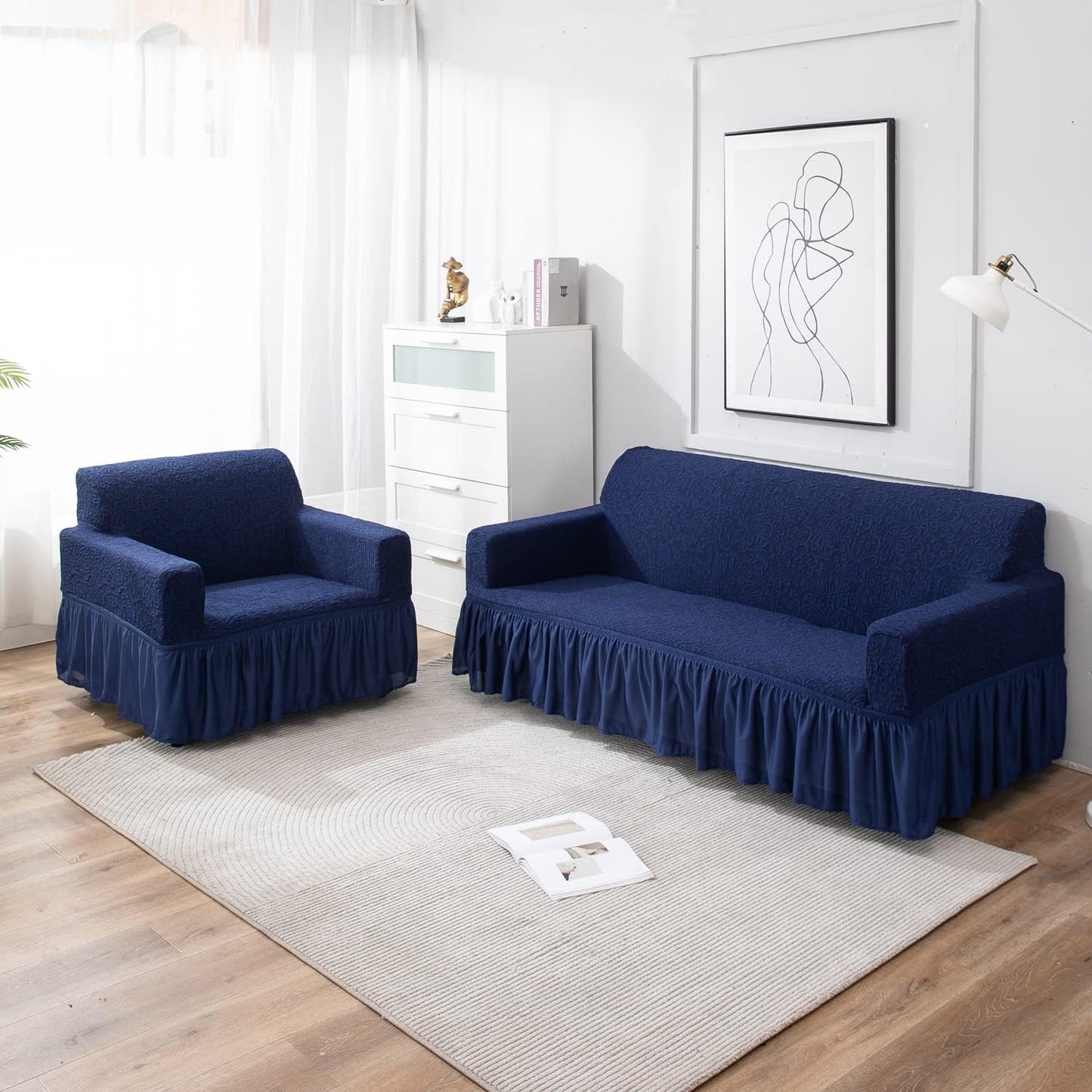 Elastic Stretchable Designer Woven Jacquard Sofa Cover with Frill, Navy Blue