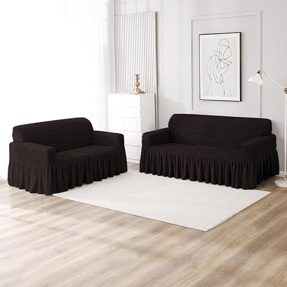 Elastic Stretchable Turkish 280 GSM Bubble Sofa Cover with Frill, Dark Chocolate