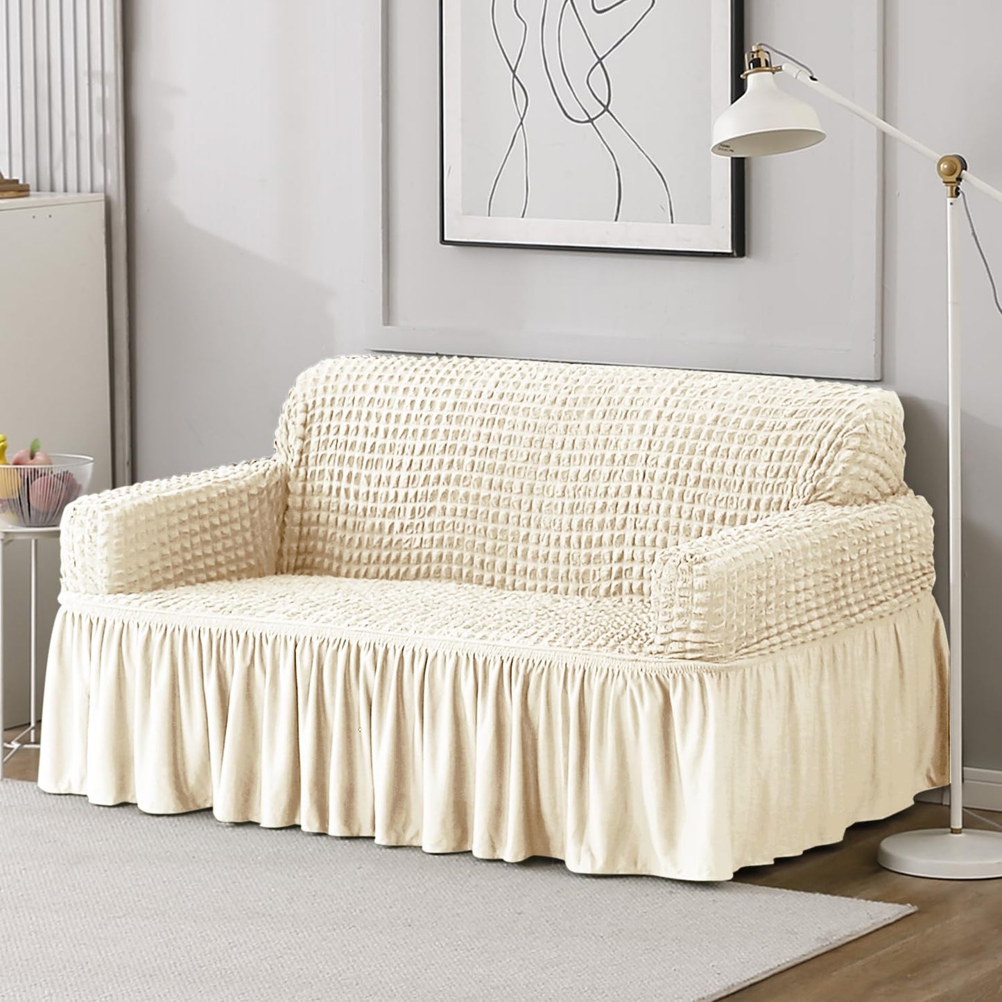 Elastic Stretchable Bubble Sofa Cover with Frill, Cream