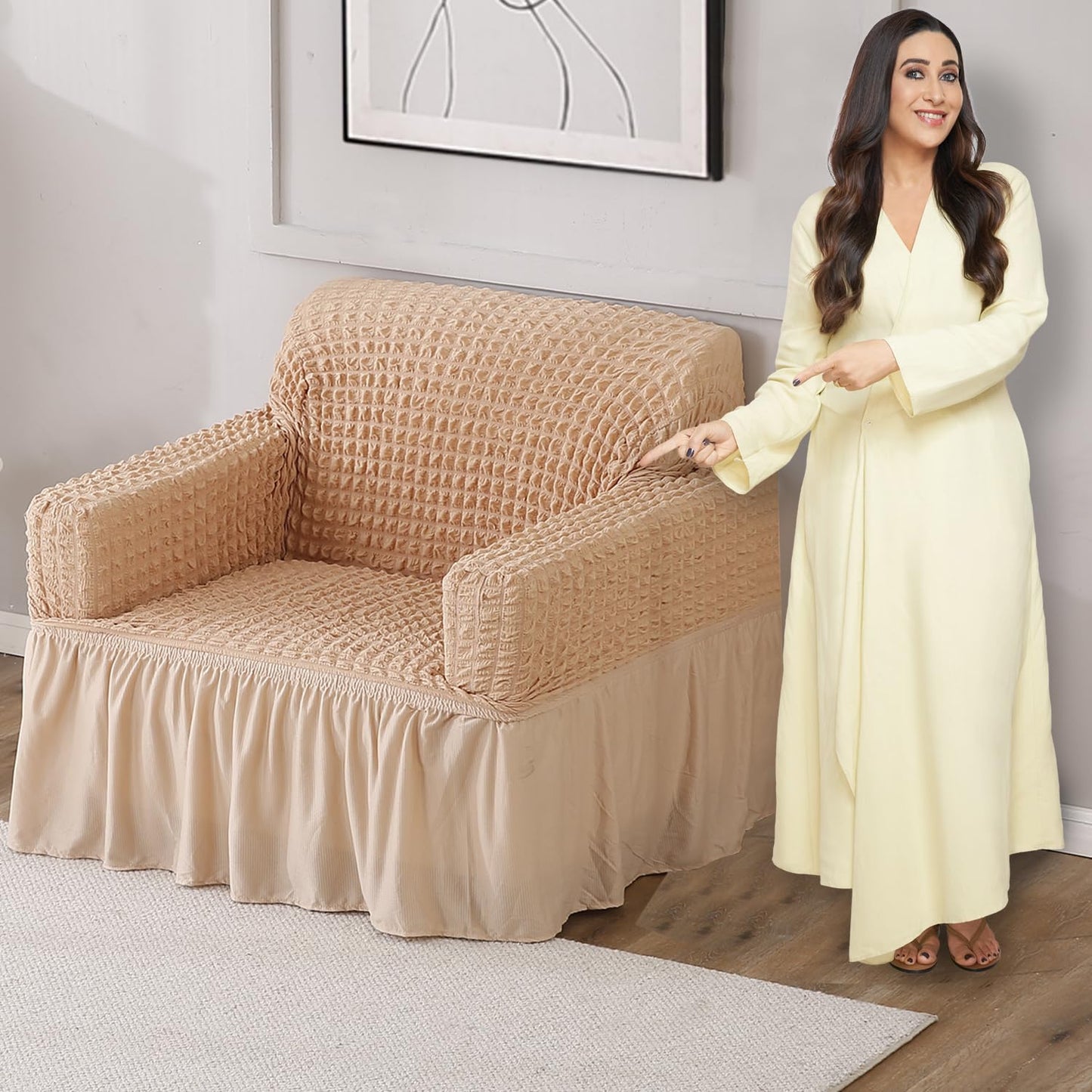 Elastic Stretchable 280 GSM Bubble Sofa Cover with Frill, Beige