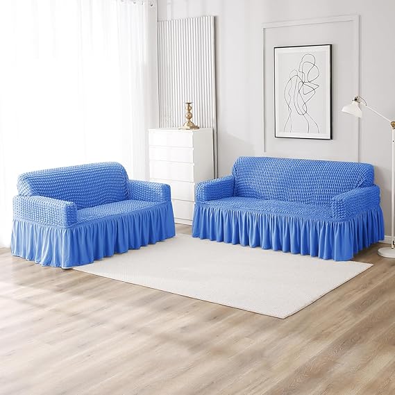 Elastic Stretchable 280 GSM Bubble Sofa Cover with Frill, Sky Blue