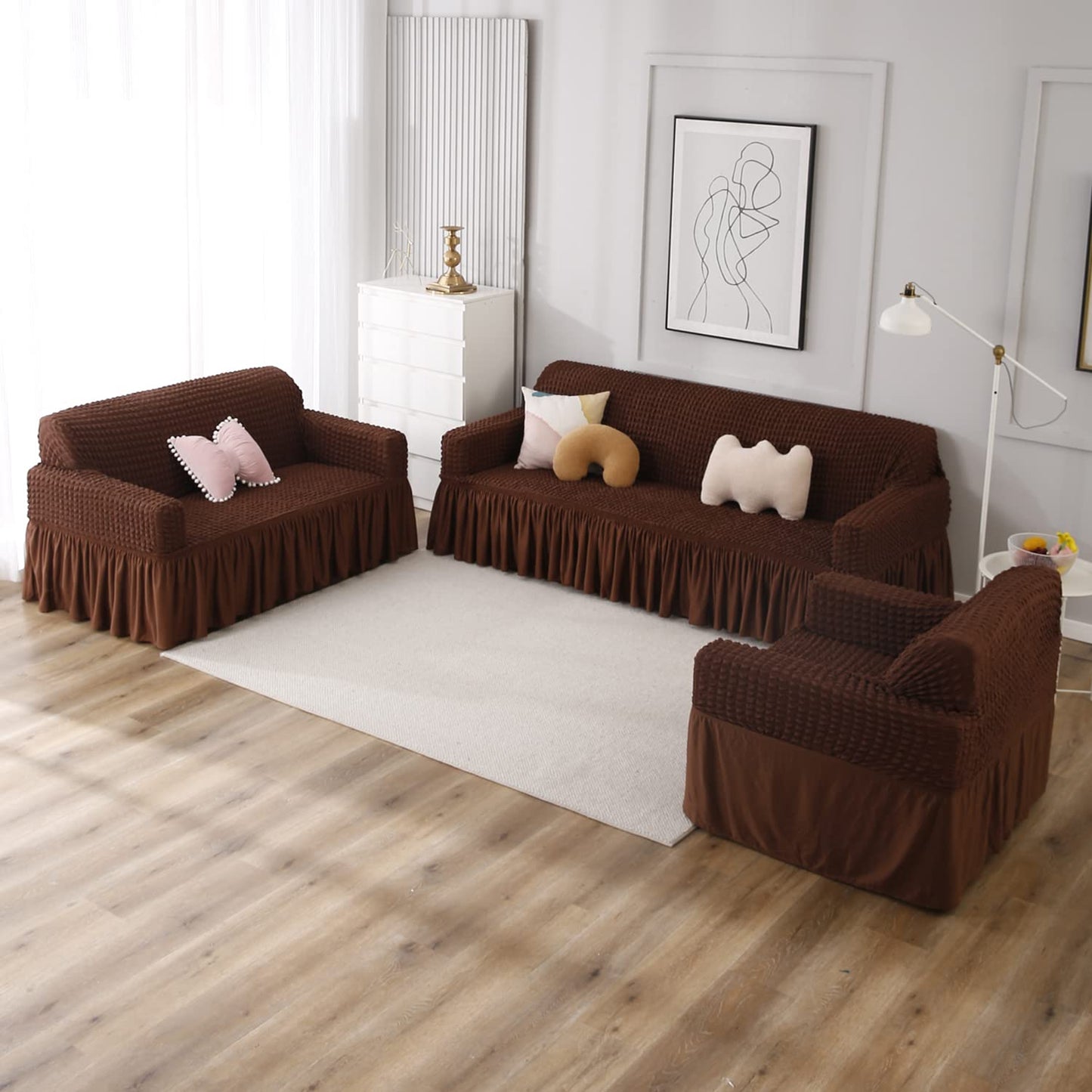 Elastic Stretchable 280 GSM Bubble Sofa Cover with Frill, Dark Brown