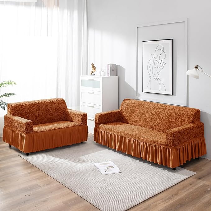 Elastic Stretchable Designer Woven Jacquard Sofa Cover with Frill, Caramel Brown