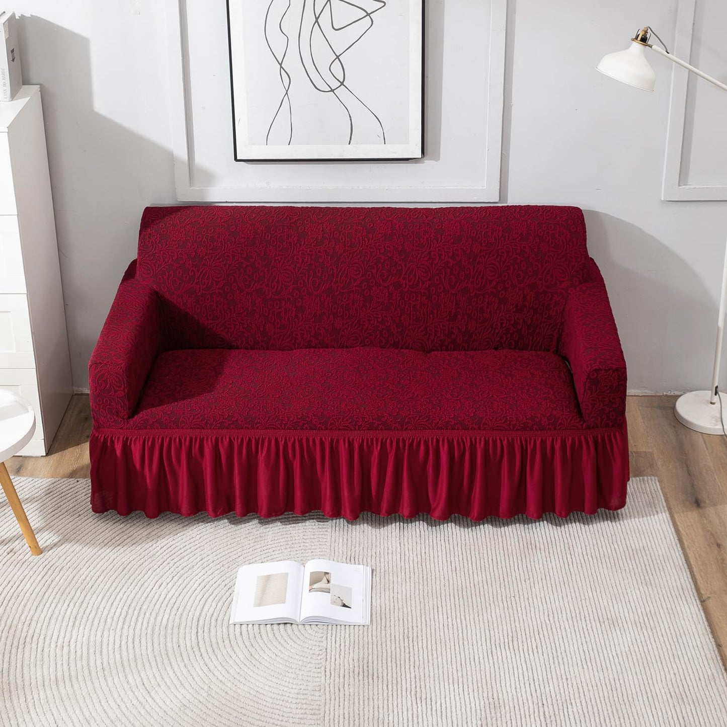 Elastic Stretchable Designer Woven Jacquard Sofa Cover with Frill, Wine Red