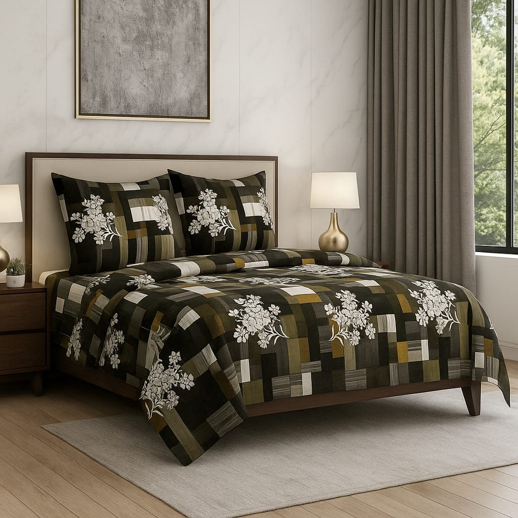 Olive Green Flooral print/  Pure Cotton King Size Bedsheet - Super Furnishing
