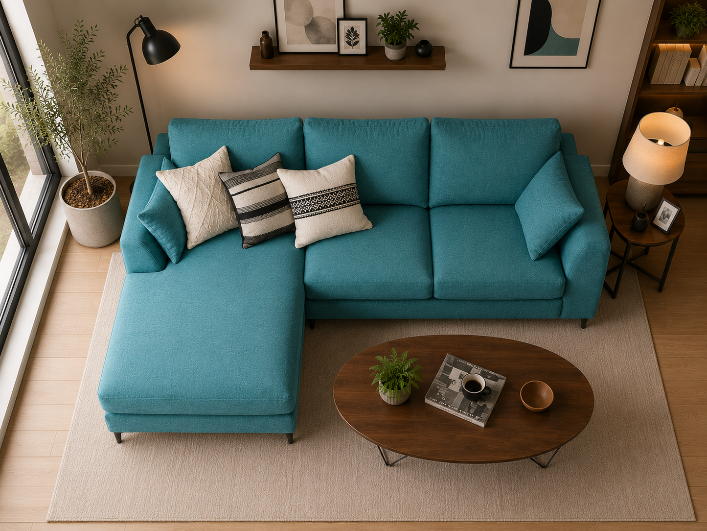 Flora 4 Seater L Shape Fabric Sofa For Living Room