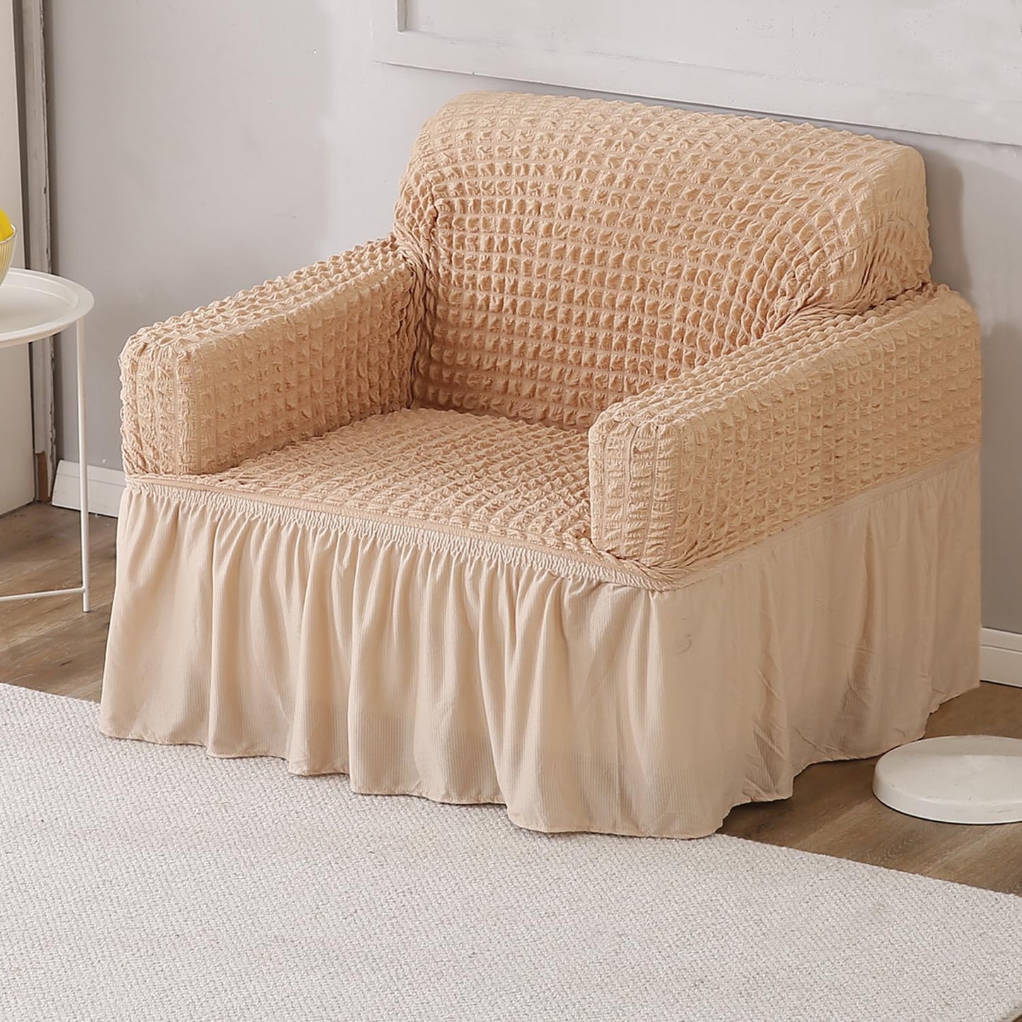 Elastic Stretchable 280 GSM Bubble Sofa Cover with Frill, Beige