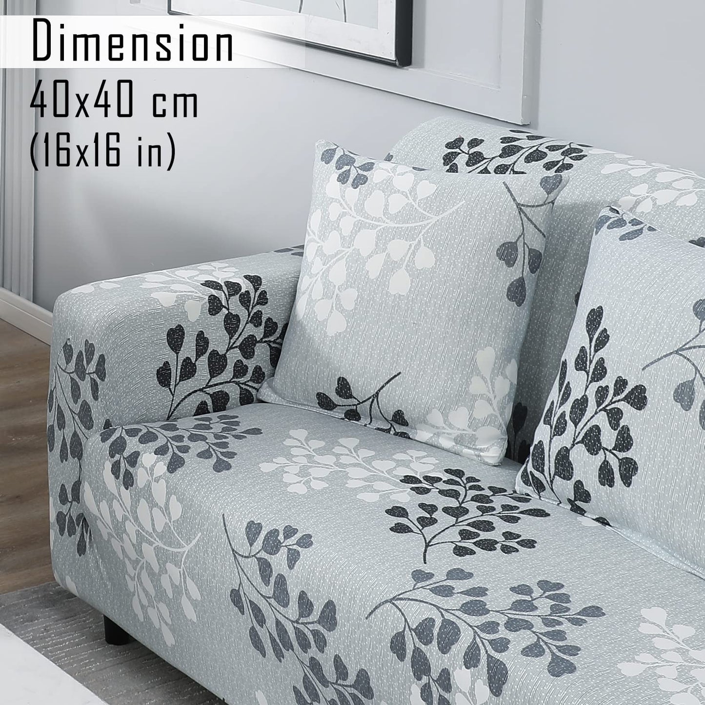 Stretchable Pack of 2 Cushion Cover 16x16, Grey Leaves