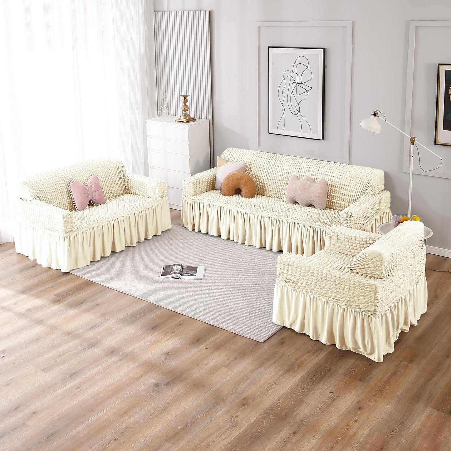 Elastic Stretchable Bubble Sofa Cover with Frill, Cream