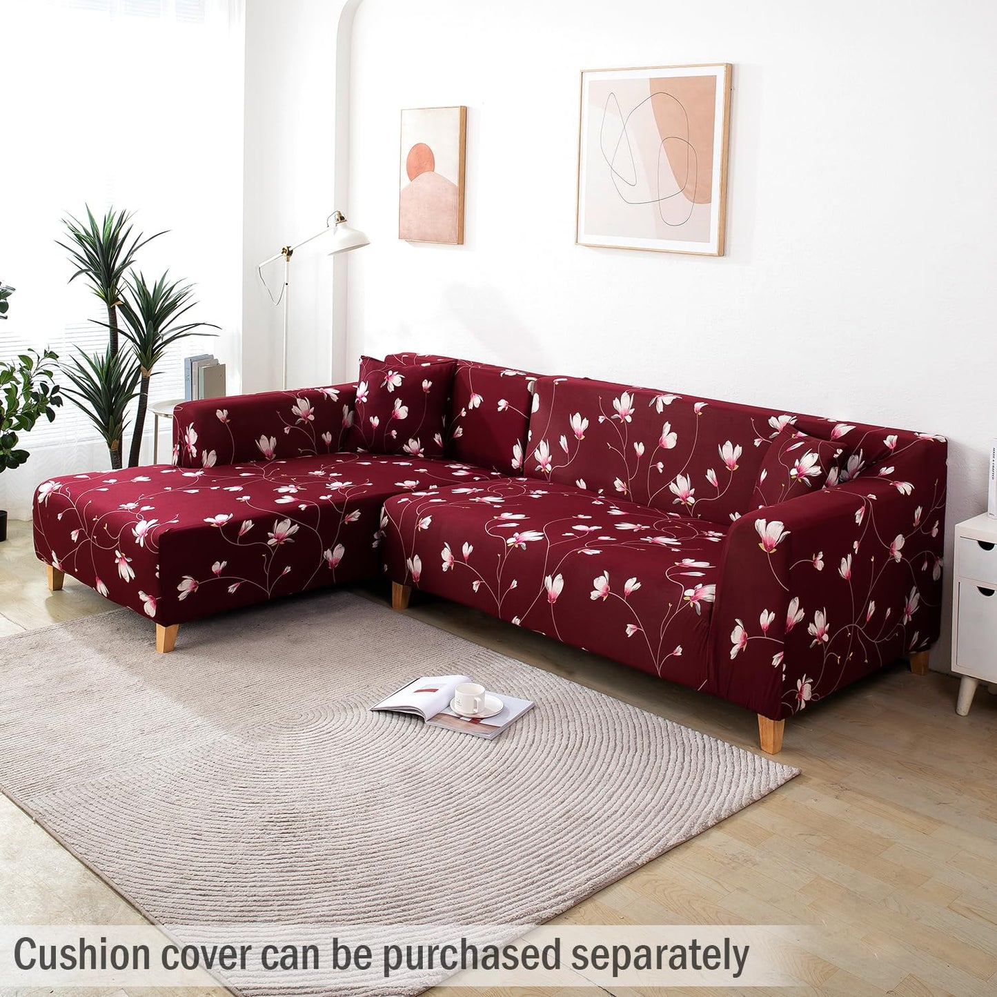 L Shape Sofa Cover-Floral Maroon - Luxury Quality Strechable & Dust-proof Sofa Cover