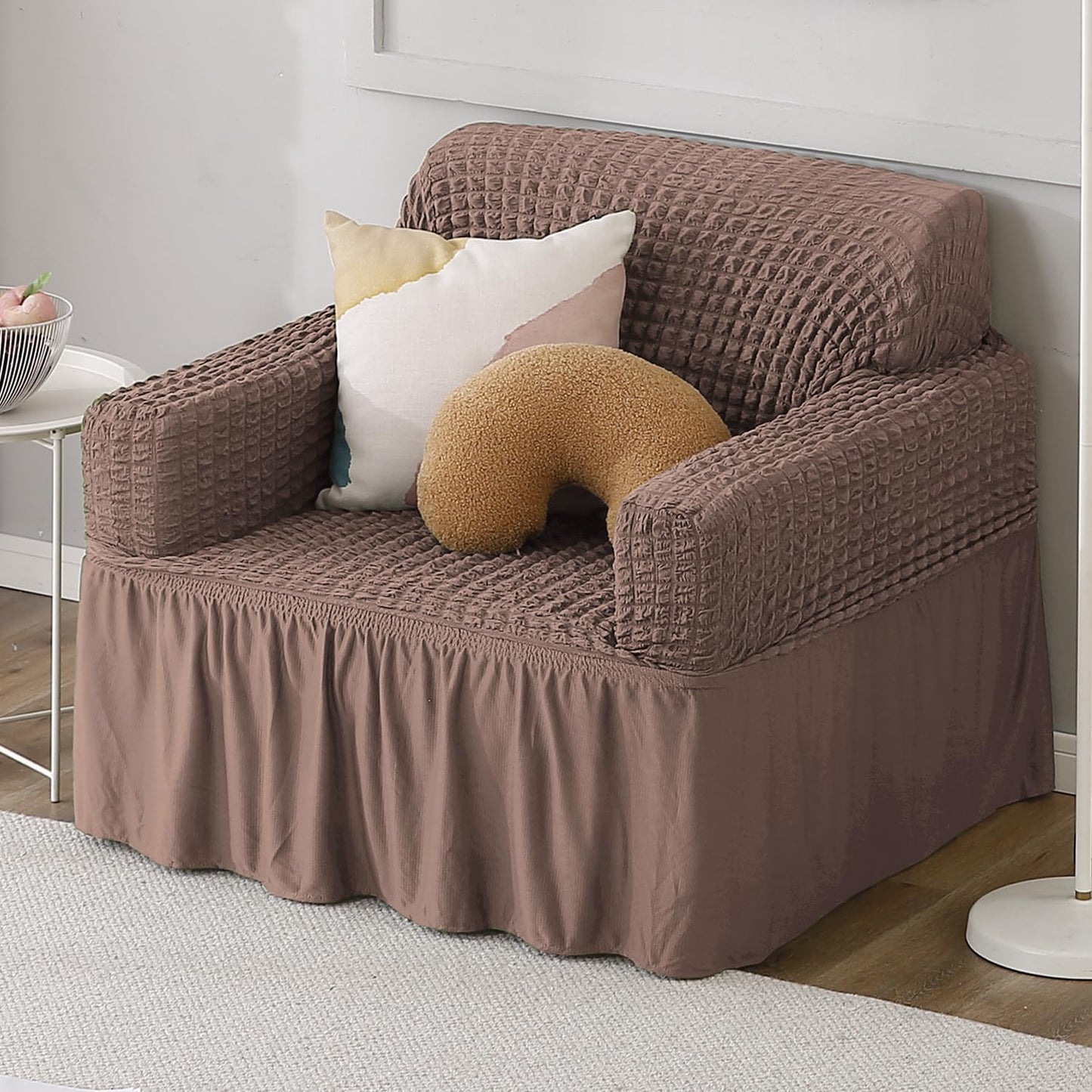 Elastic Stretchable Bubble Sofa Cover with Frill, Mocha