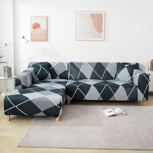 L Shape Sofa Cover-Checkerplaid Blue- Luxury Quality Strechable & Dust-proof Sofa Cover