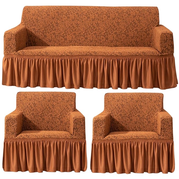 Elastic Stretchable Designer Woven Jacquard Sofa Cover with Frill, Caramel Brown