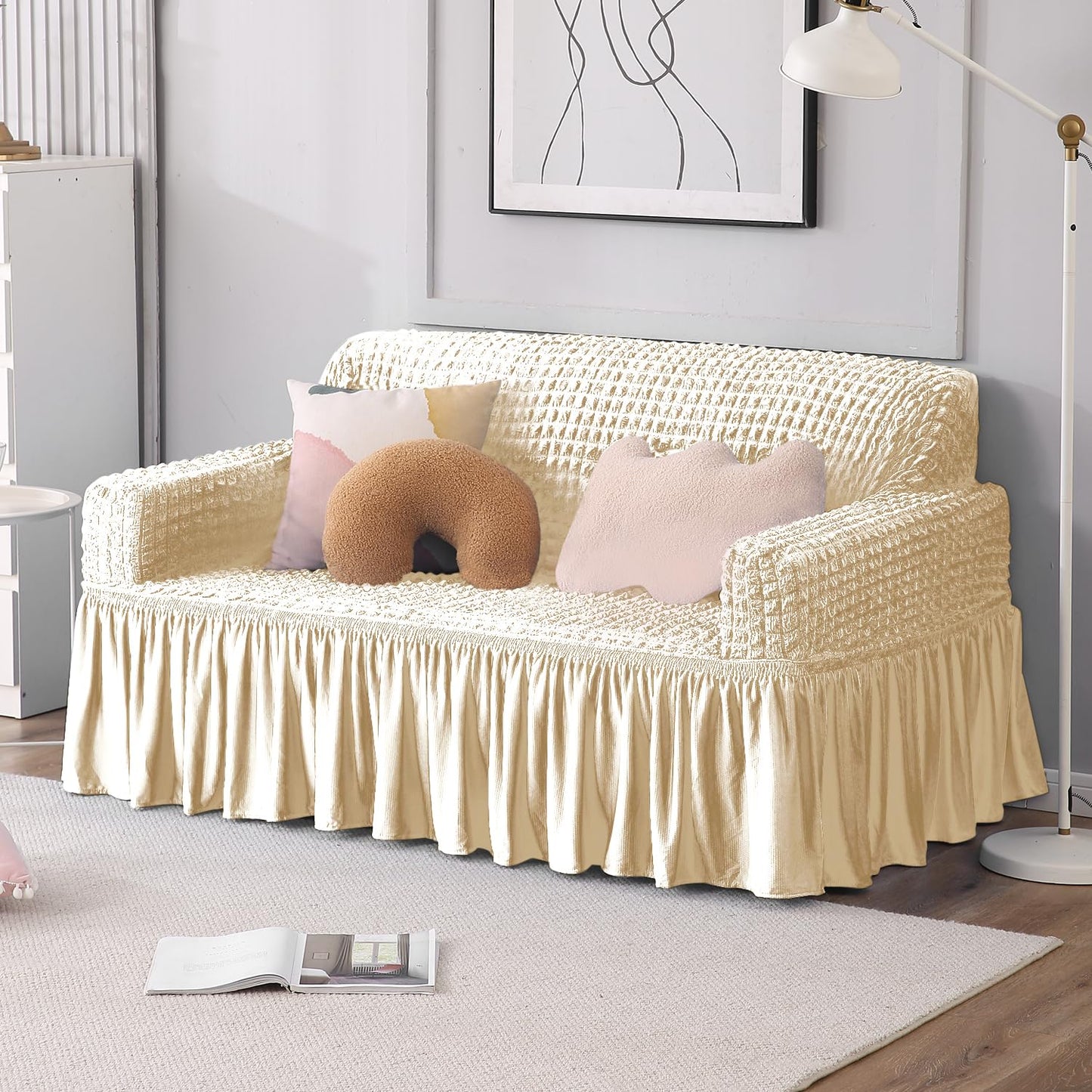 Elastic Stretchable Bubble Sofa Cover with Frill, Cream