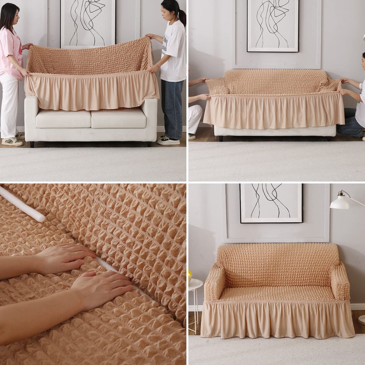Elastic Stretchable 280 GSM Bubble Sofa Cover with Frill, Beige