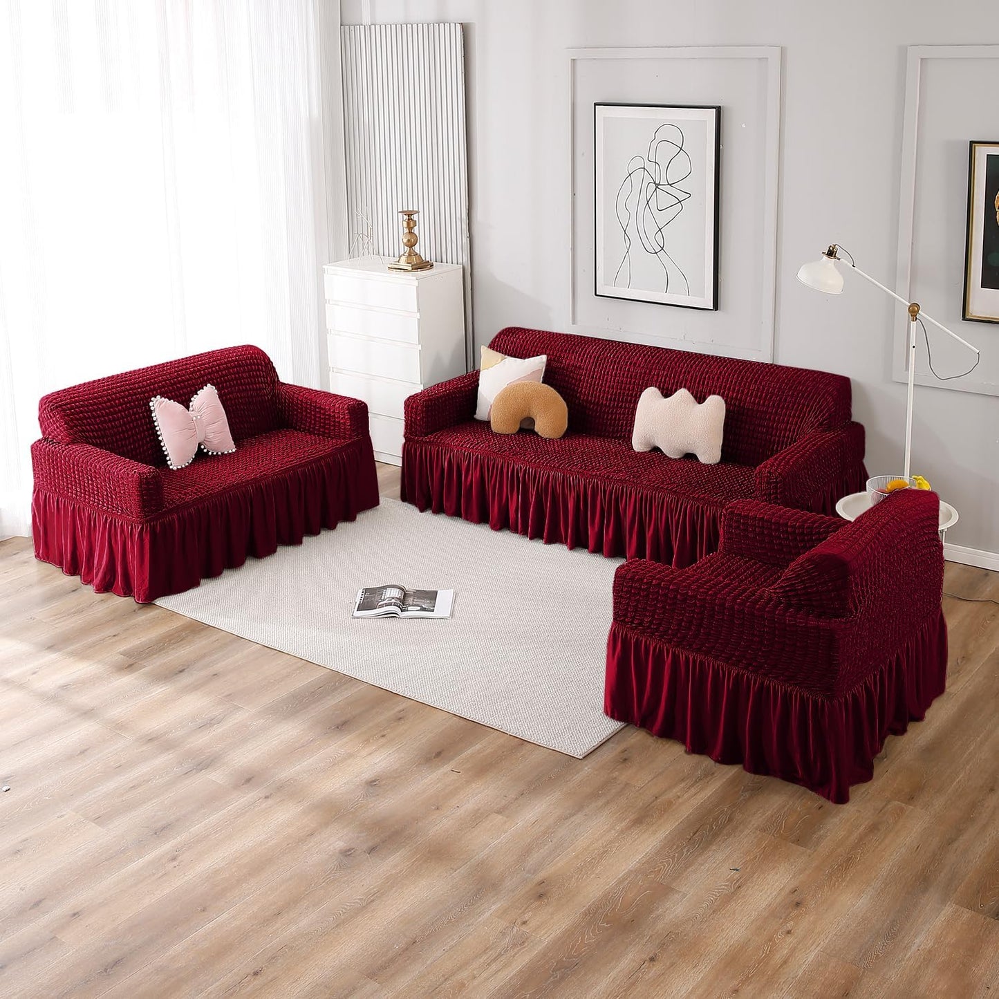Elastic Stretchable Bubble Sofa Cover with Frill, Wine