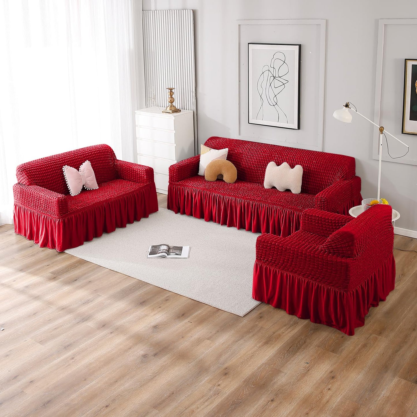 Elastic Stretchable Bubble Sofa Cover with Frill, Scarlet Red