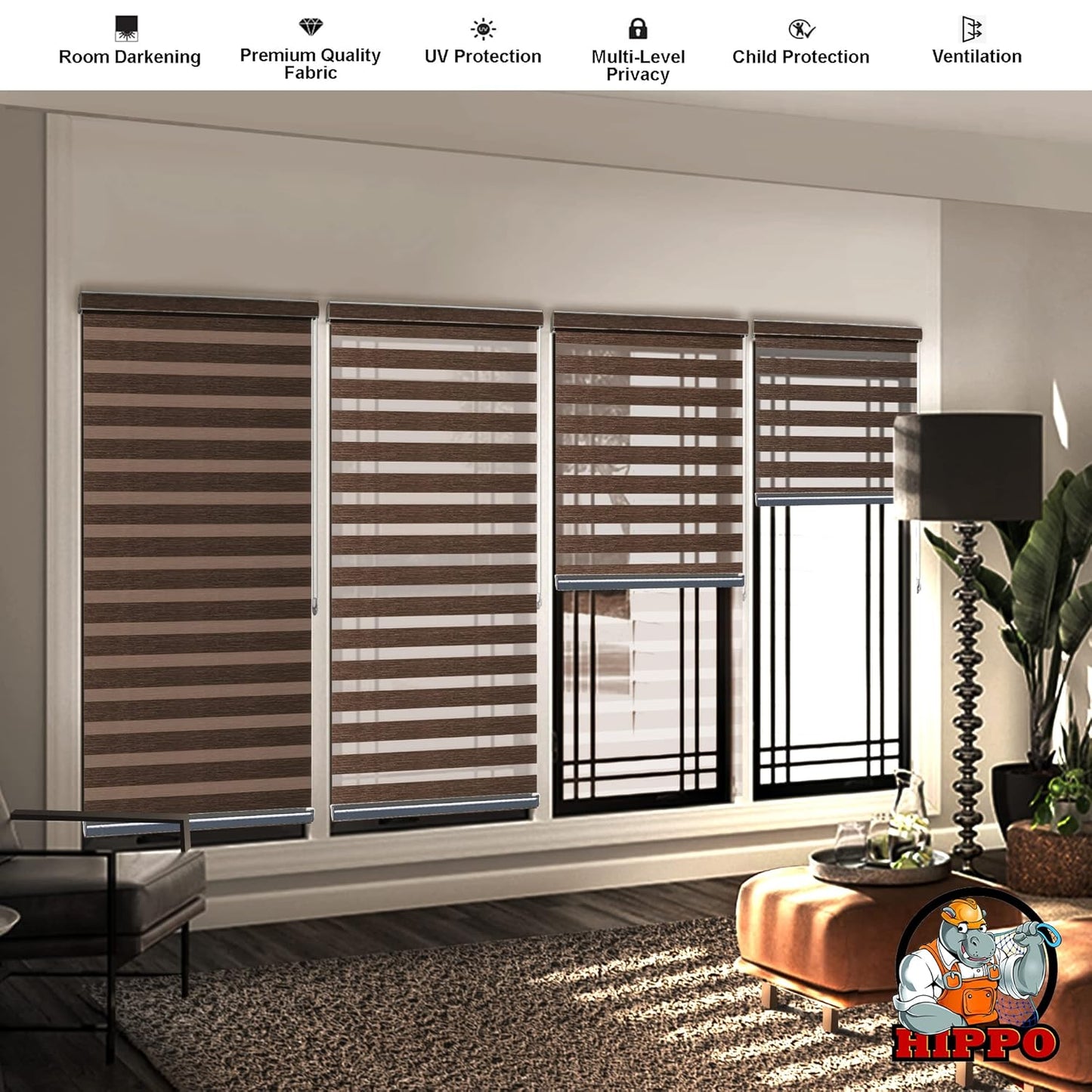 Premium Zebra Blinds Wooden Design Polyester Blend Semi/Complete Privacy Indoor Roller Blinds for Windows