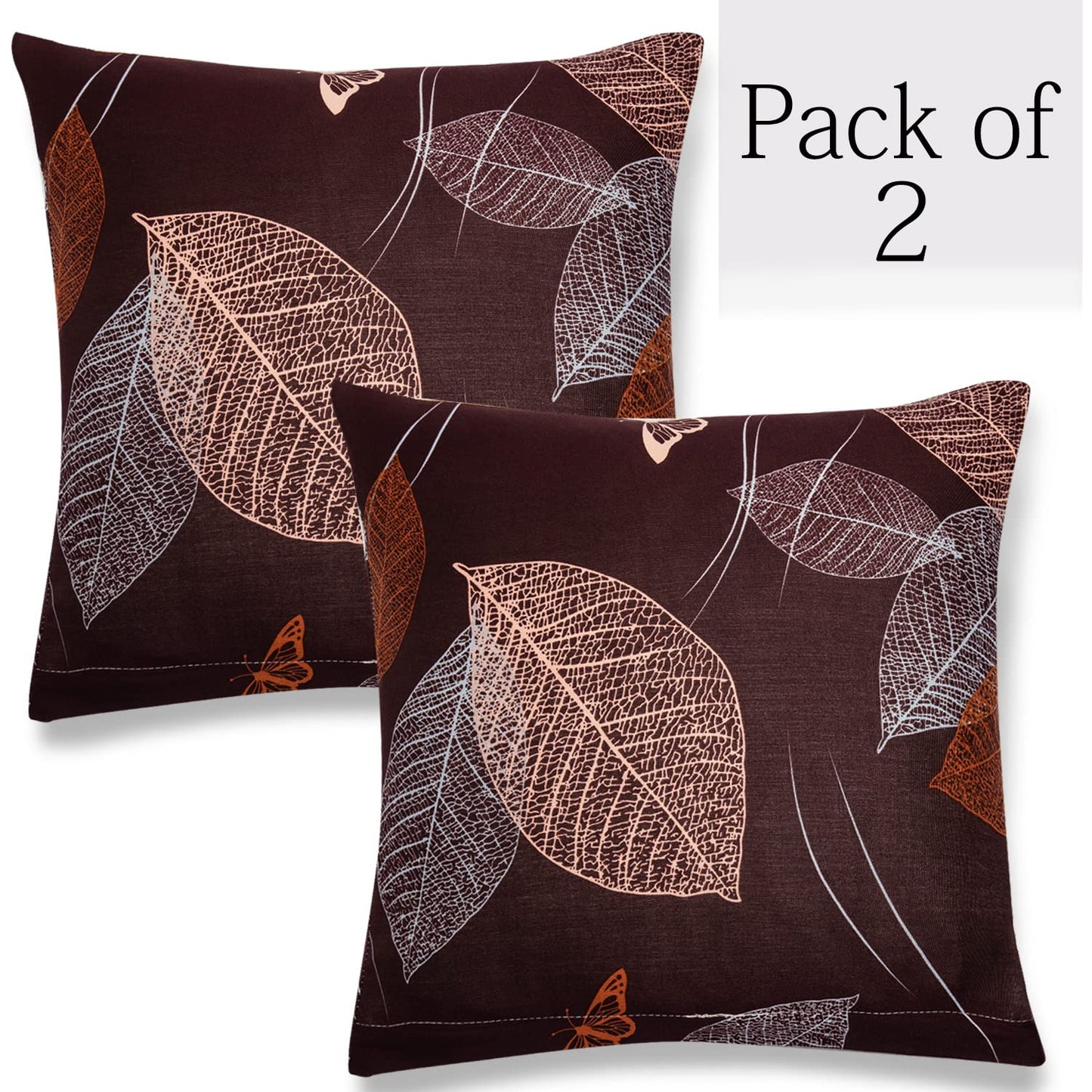 Stretchable Pack of 2 Cushion Cover 16x16, Dark Brown Leaf