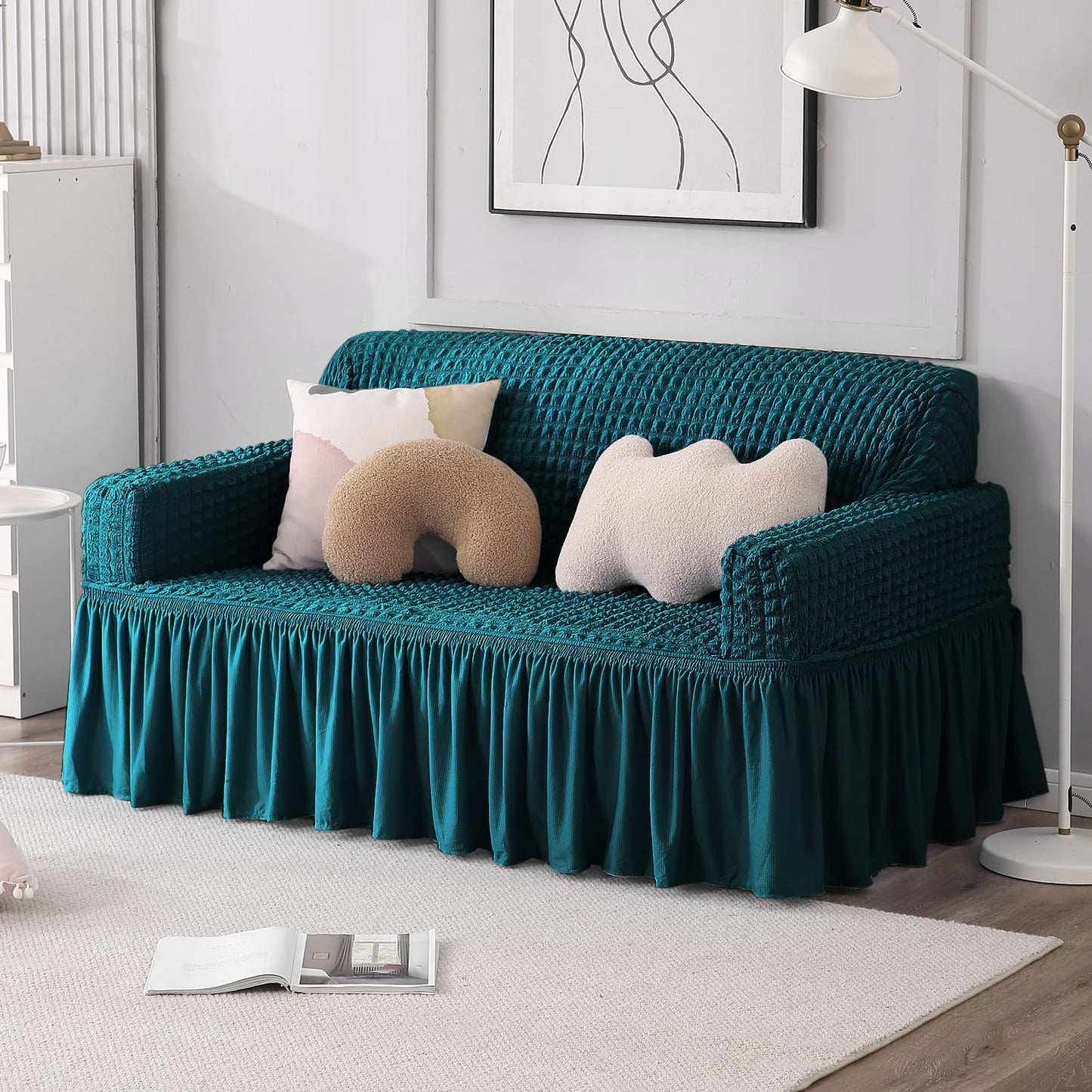 Elastic Stretchable Bubble Sofa Cover with Frill, Teal