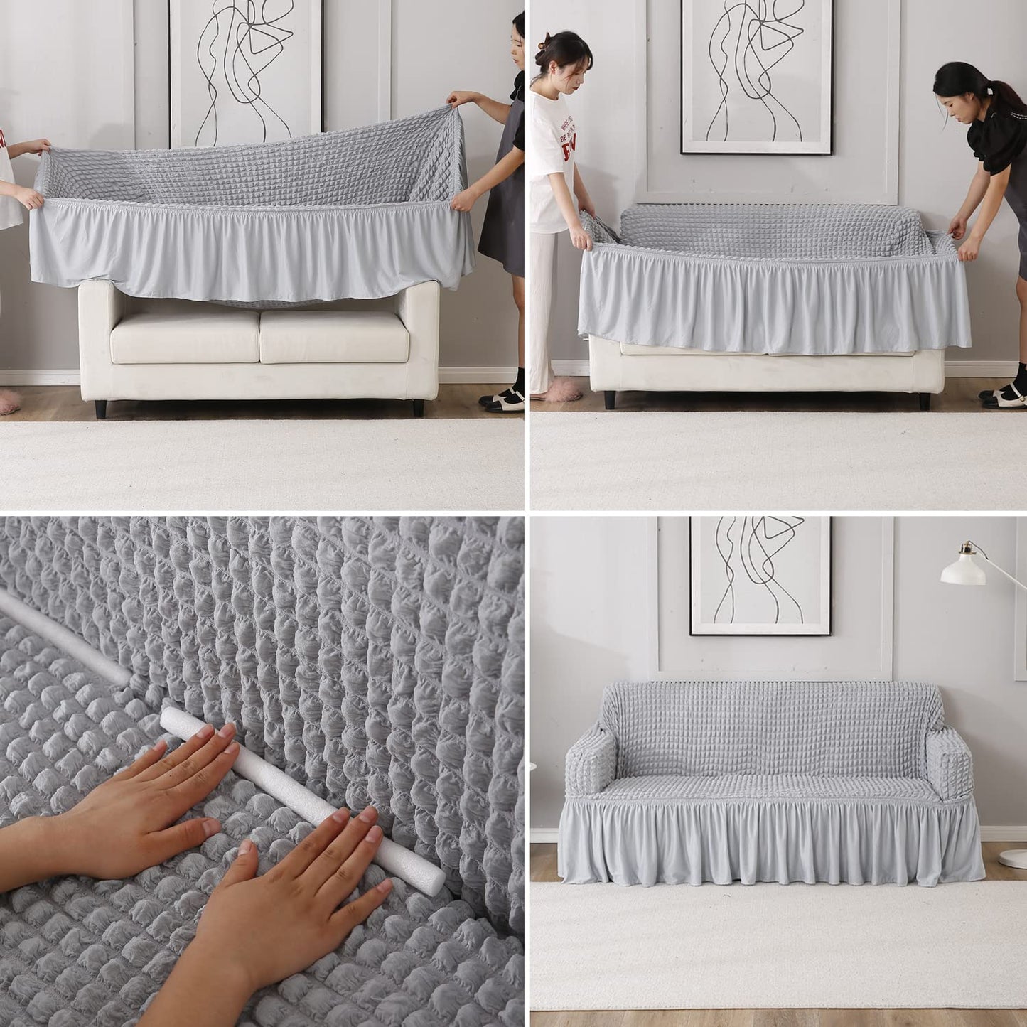Elastic Stretchable 280 GSM Bubble Sofa Cover with Frill, Ash Grey