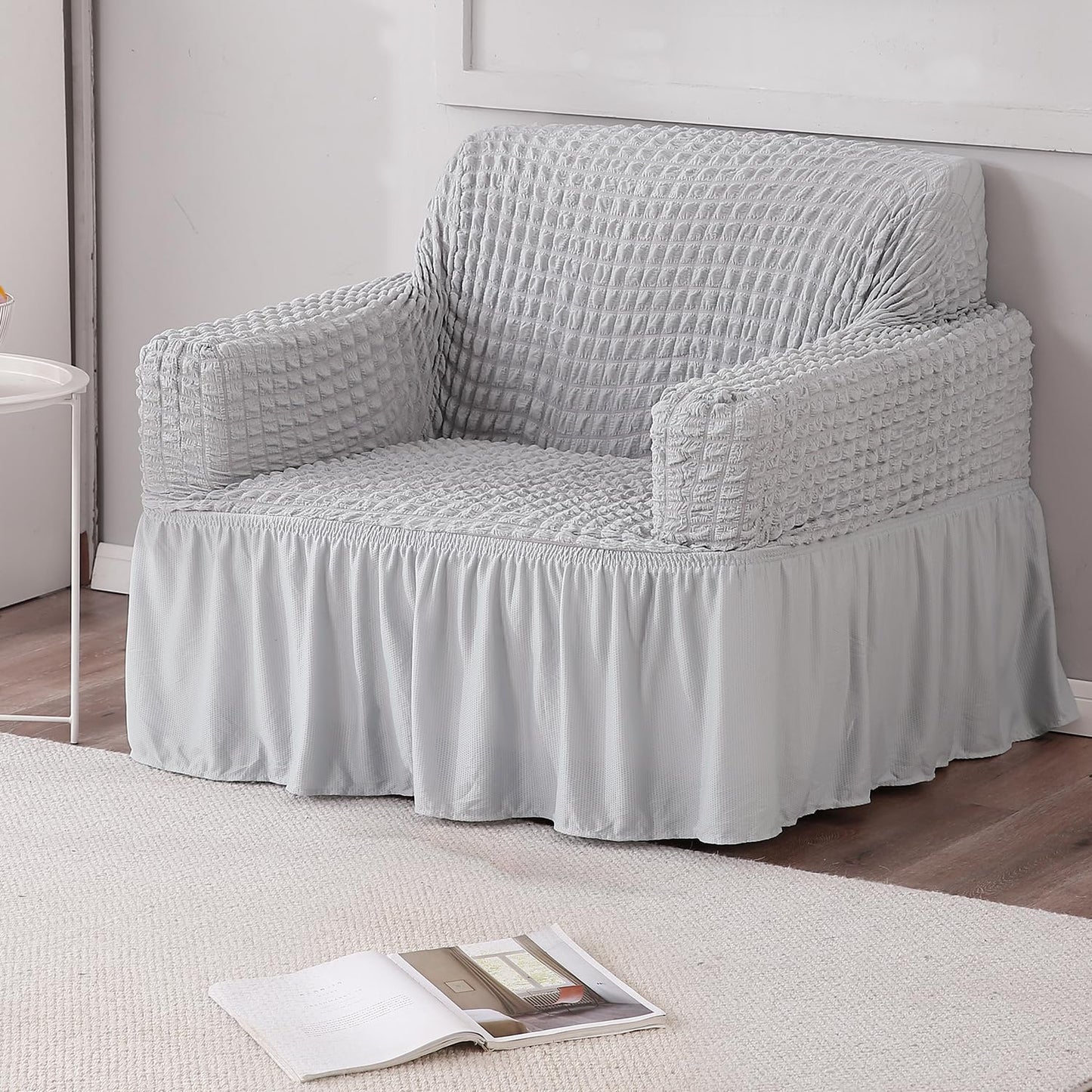 Elastic Stretchable 280 GSM Bubble Sofa Cover with Frill, Ash Grey