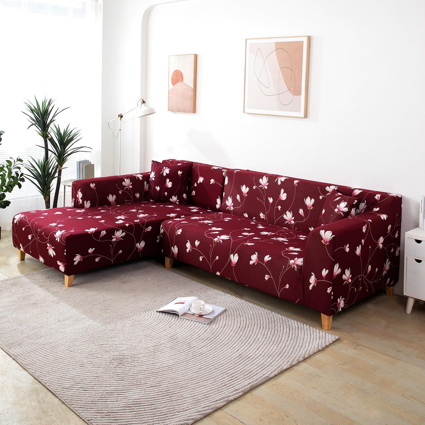 Stretchable Pack of 2 Cushion Cover 16x16, Wine Red Flowers
