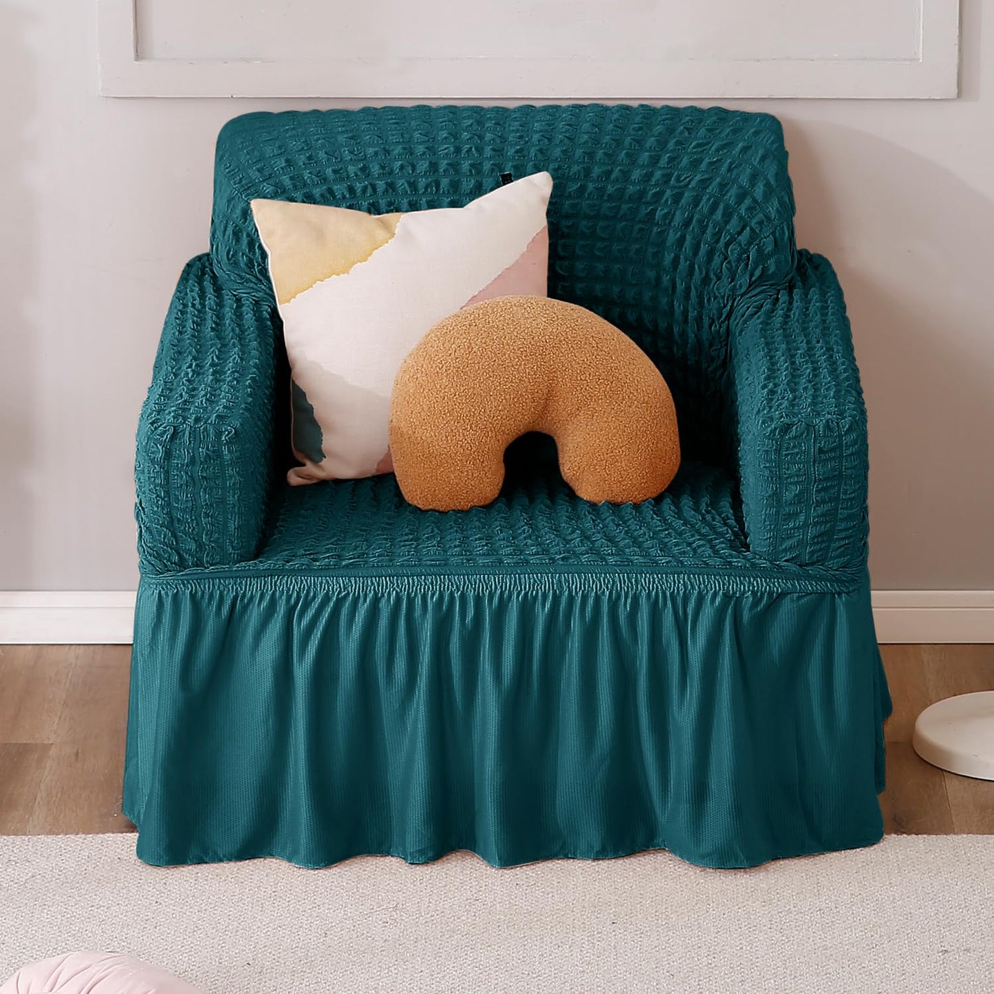Elastic Stretchable Bubble Sofa Cover with Frill, Teal