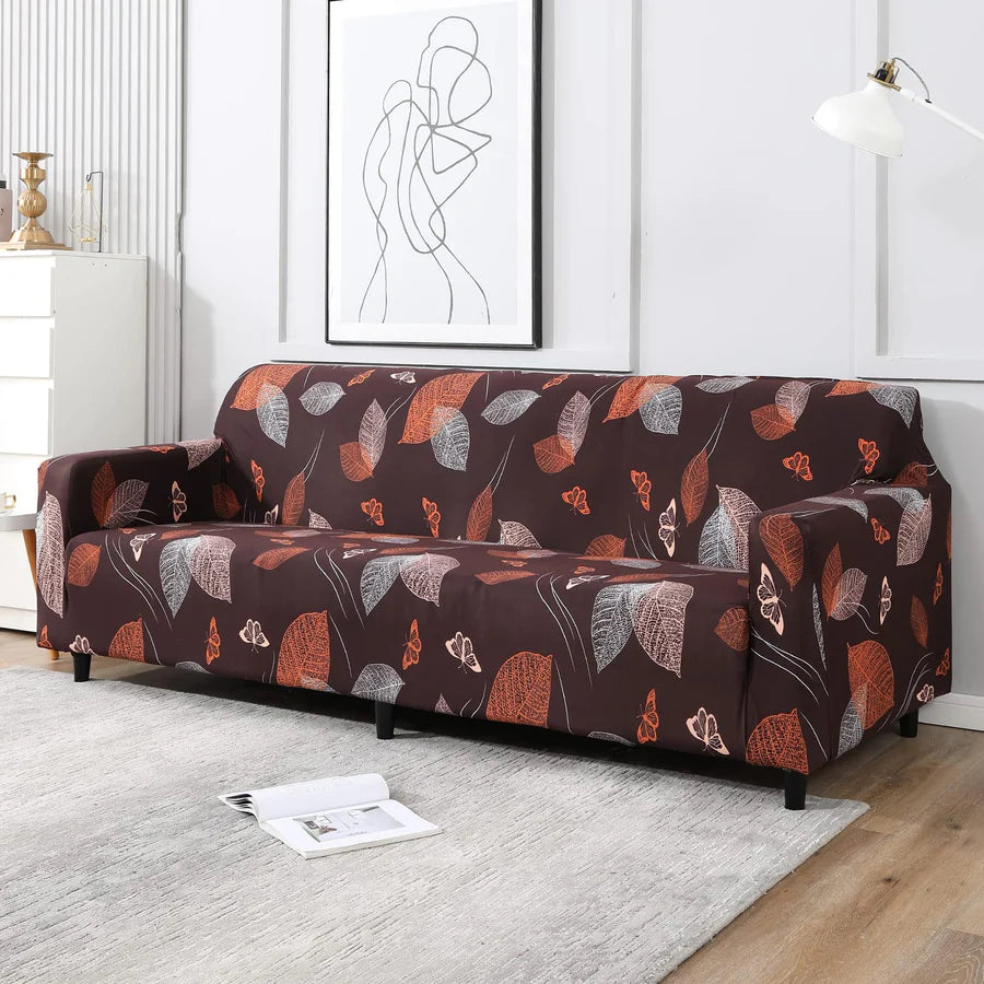 Sofa Cover-Maroon Leaf - Luxury Quality Strechable & Dust-proof Sofa Cover