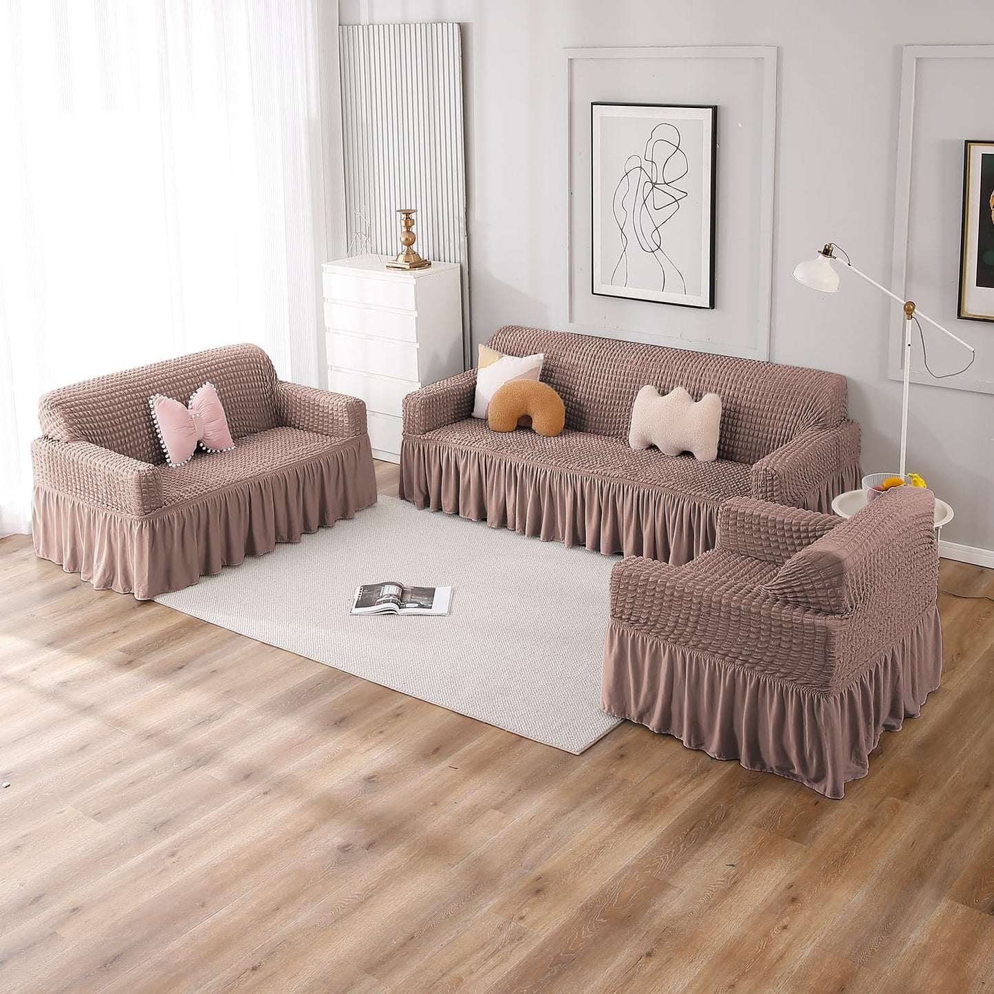 Elastic Stretchable Bubble Sofa Cover with Frill, Mocha