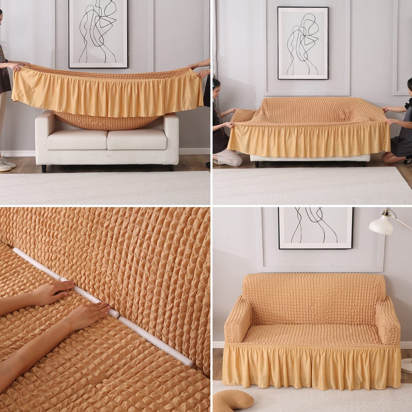 Elastic Stretchable 280 GSM Bubble Sofa Cover with Frill, Light Brown