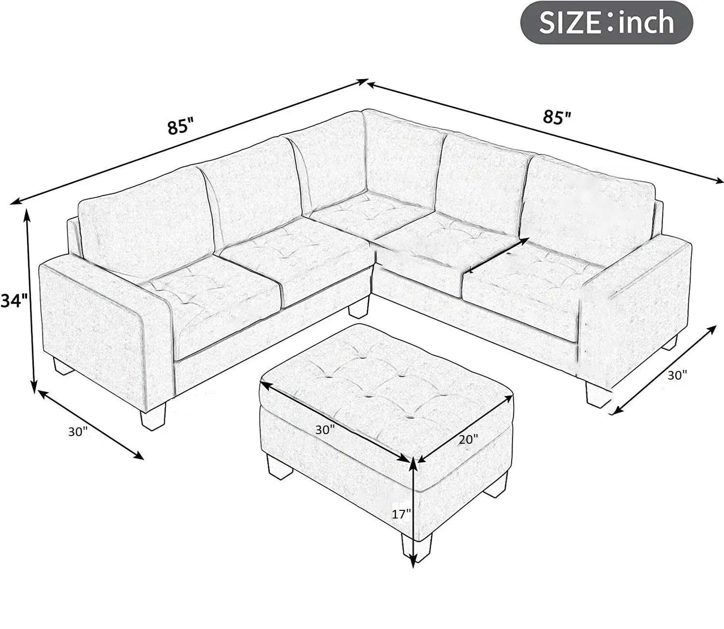 Christopher 5 Seater L Shape Fabric Sofa with Ottoman | Torque India Premium Corner Sofa