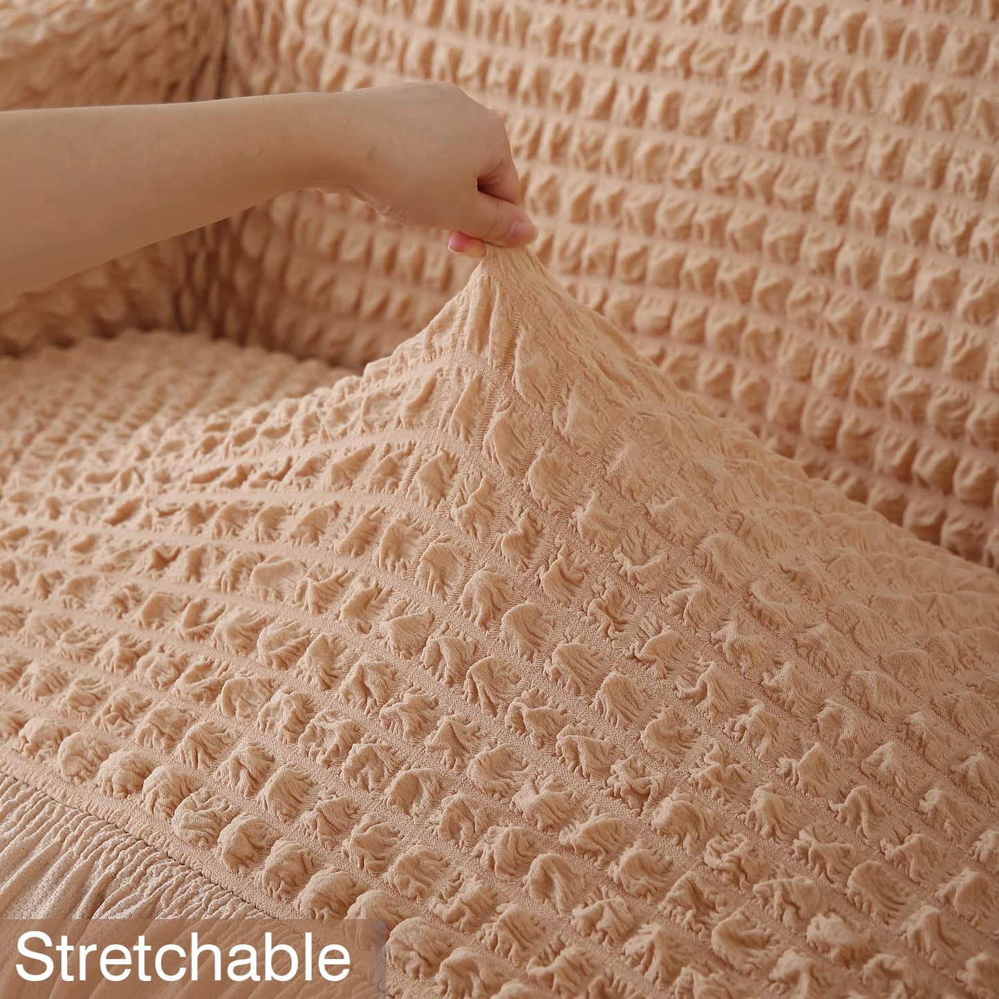 Elastic Stretchable 280 GSM Bubble Sofa Cover with Frill, Beige