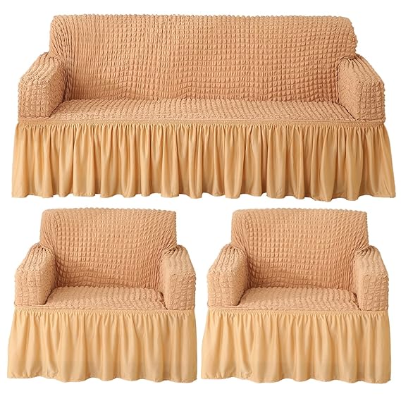 Elastic Stretchable 280 GSM Bubble Sofa Cover with Frill, Light Brown