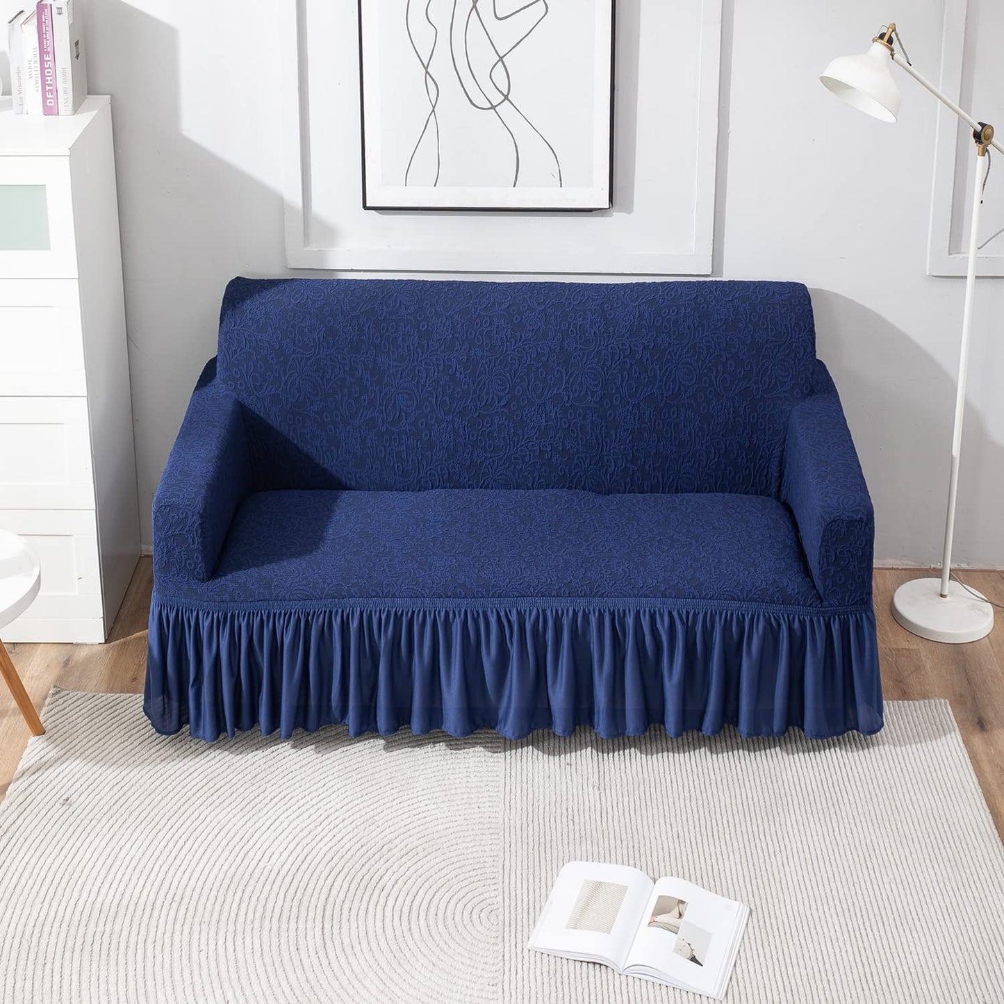 Elastic Stretchable Designer Woven Jacquard Sofa Cover with Frill, Navy Blue